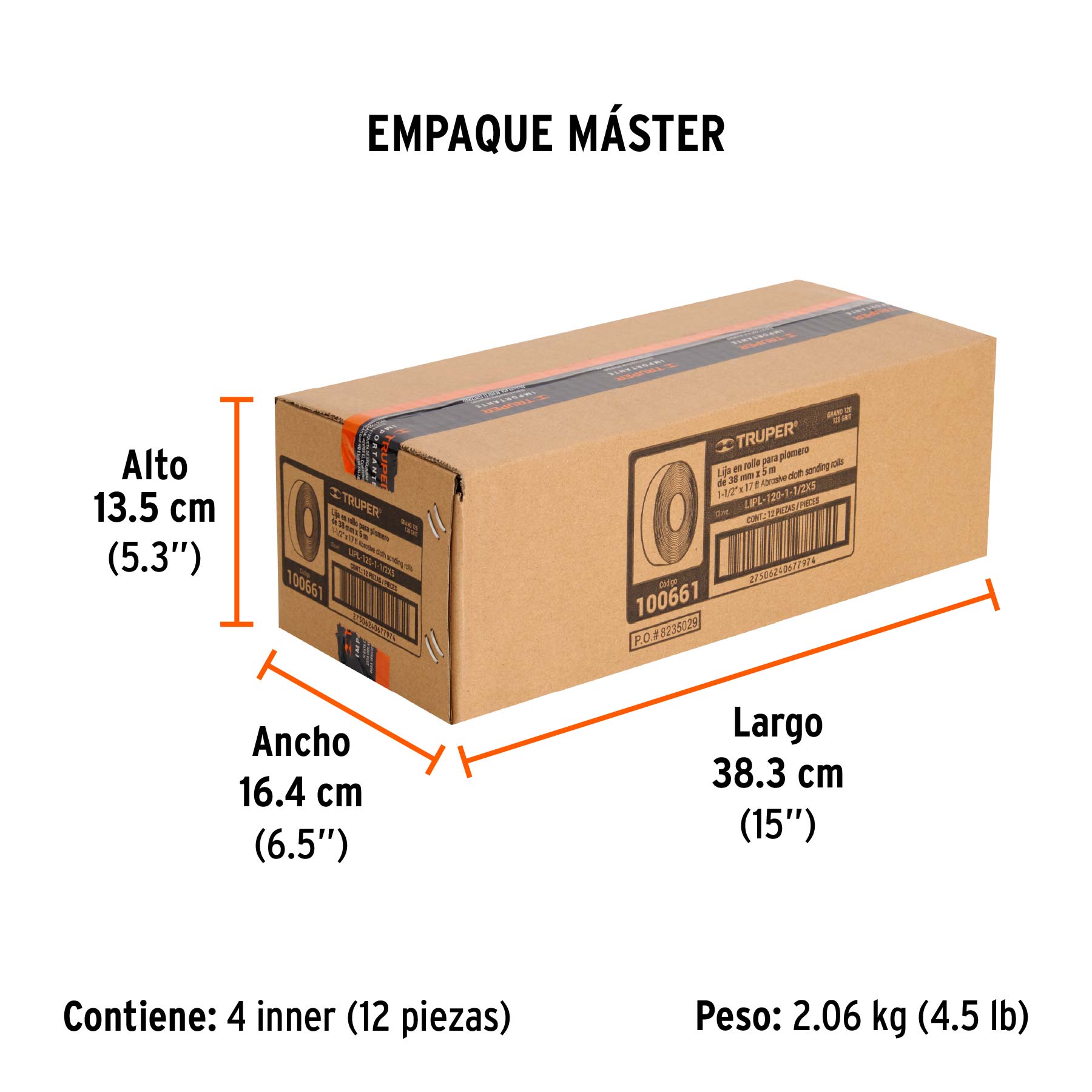 Rollo de 5 m de lija para plomero grano 120 ancho 1-1/2" - Empaque