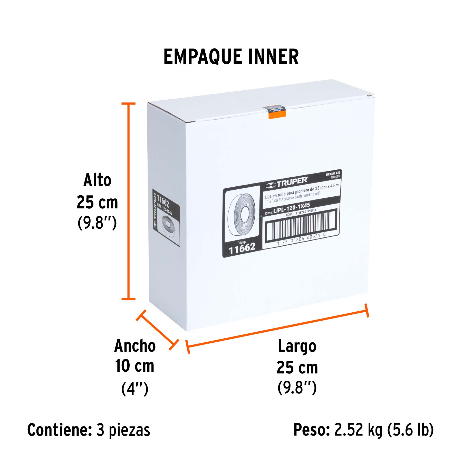 Rollo de 45 m de lija para plomero grano 120 ancho 1" - Empaque