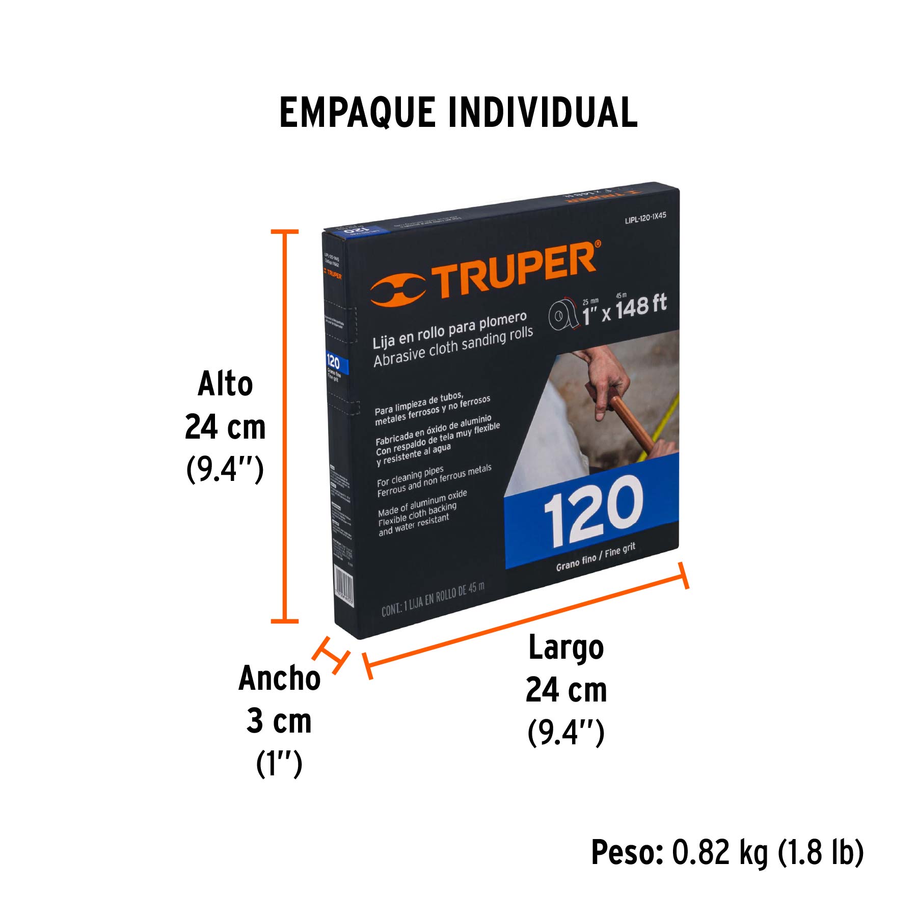 Rollo de 45 m de lija para plomero grano 120 ancho 1" - Empaque