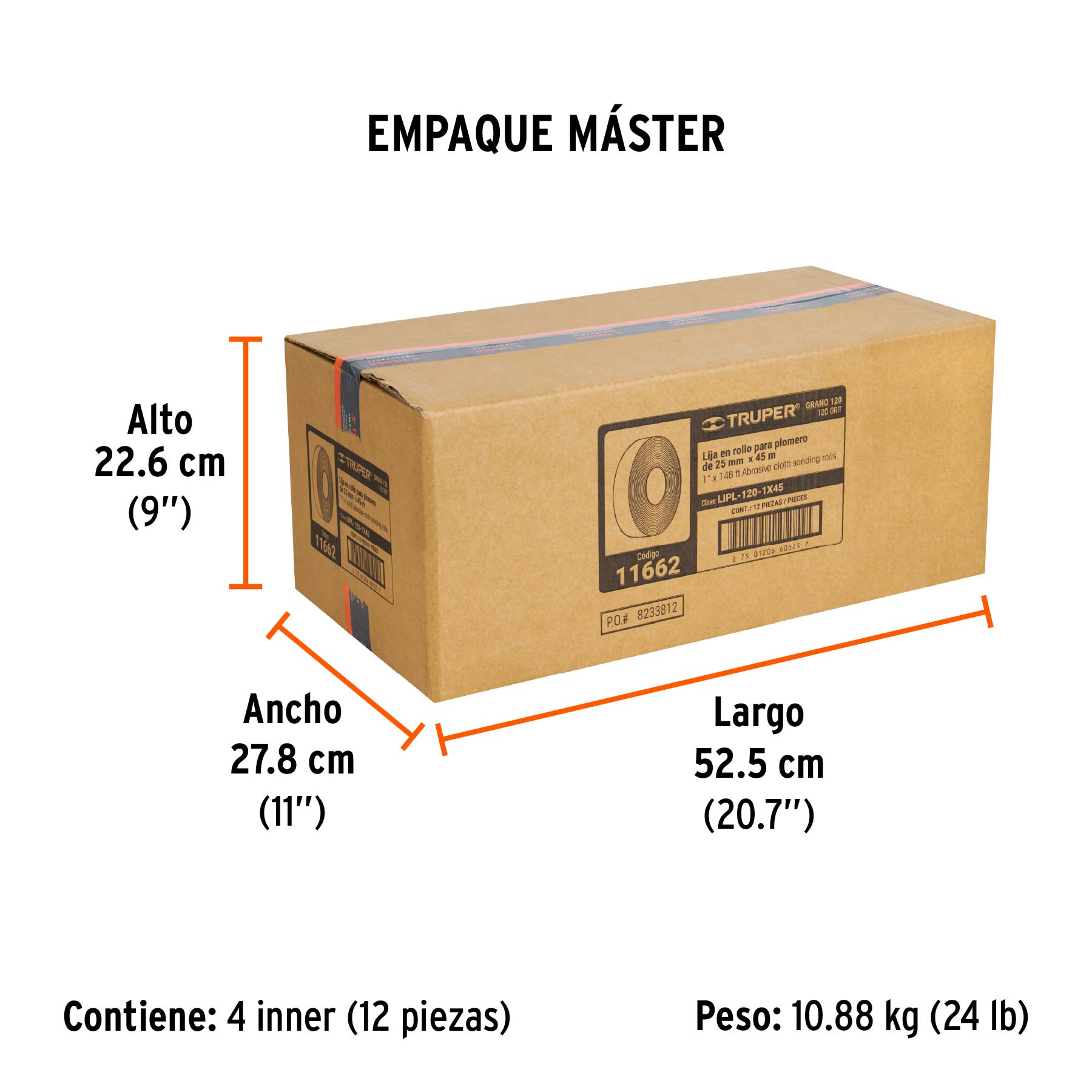 Rollo de 45 m de lija para plomero grano 120 ancho 1" - Empaque