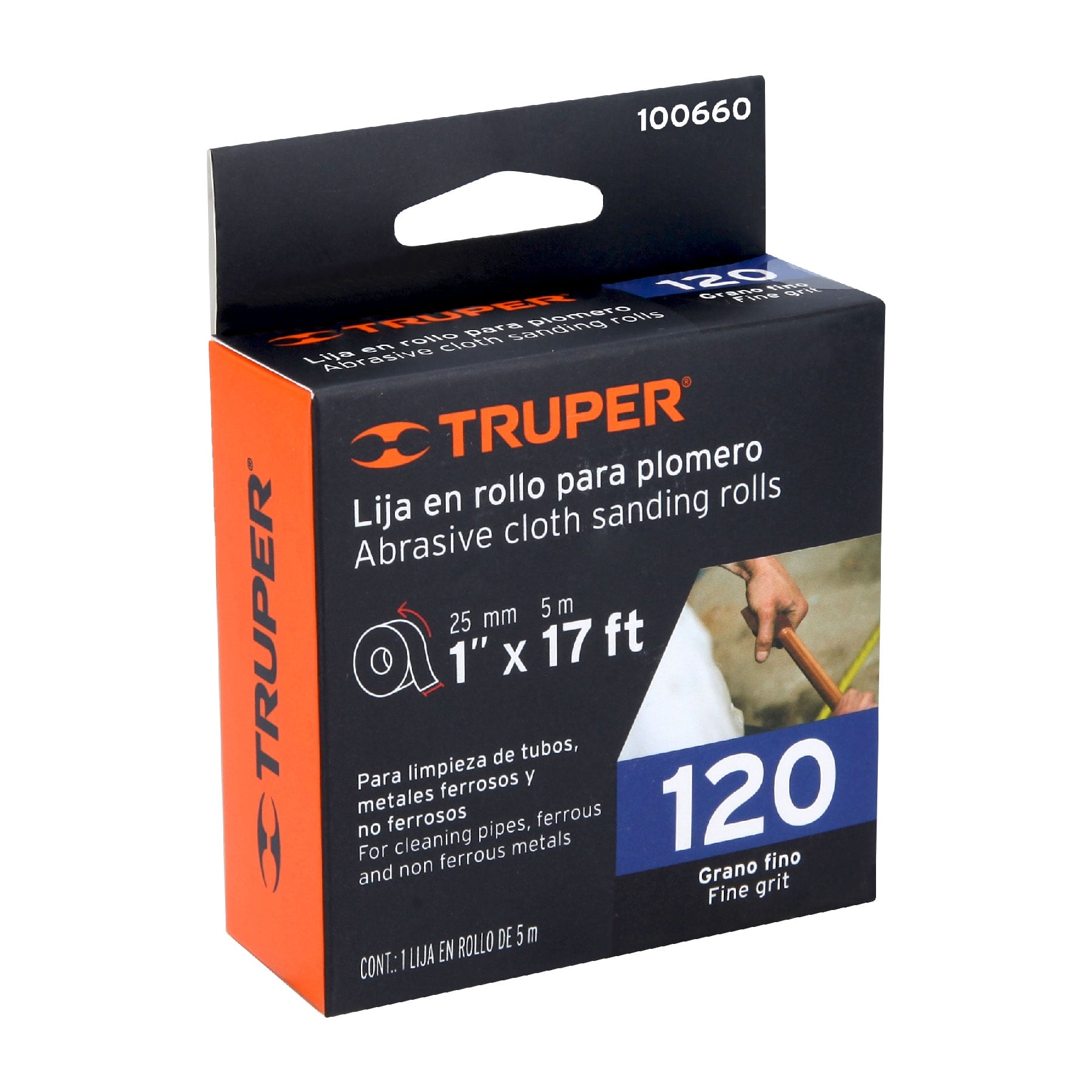 Rollo de 5 m de lija para plomero grano 120 ancho 1", TRUPER