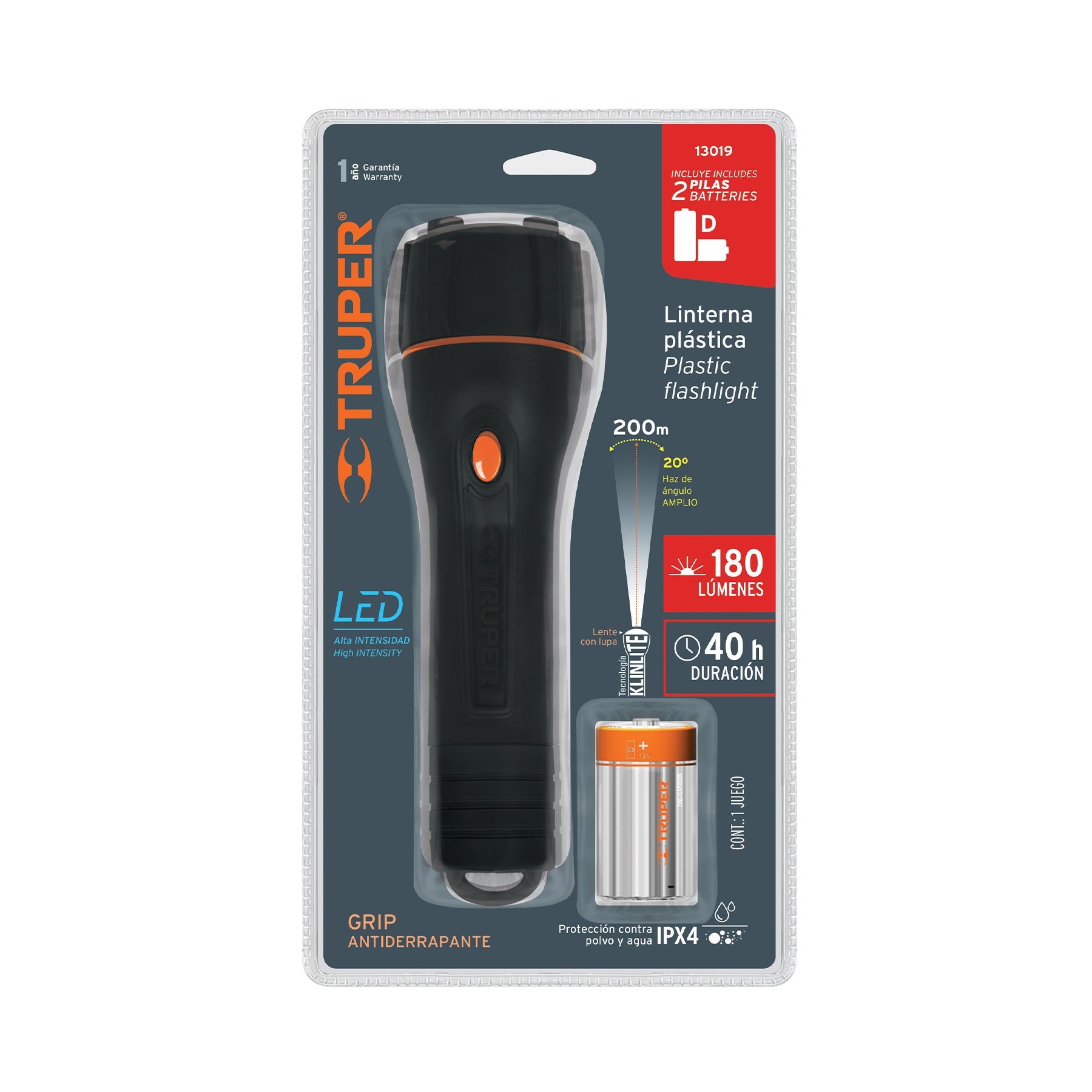 Linterna plástica 1 LED 180 lm con 2 pilas D, TRUPER