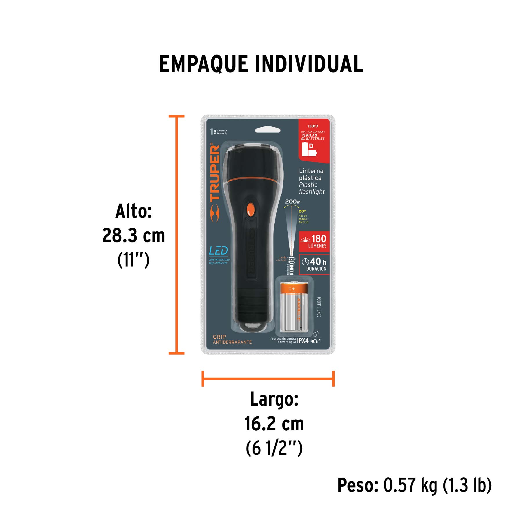 Linterna plástica 1 LED 180 lm con 2 pilas D, TRUPER - Empaque