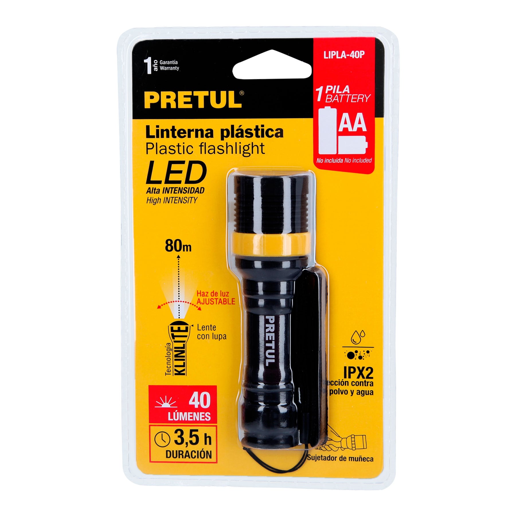 Linterna plástica 1 LED 40 lm de 1 pila AA, PRETUL