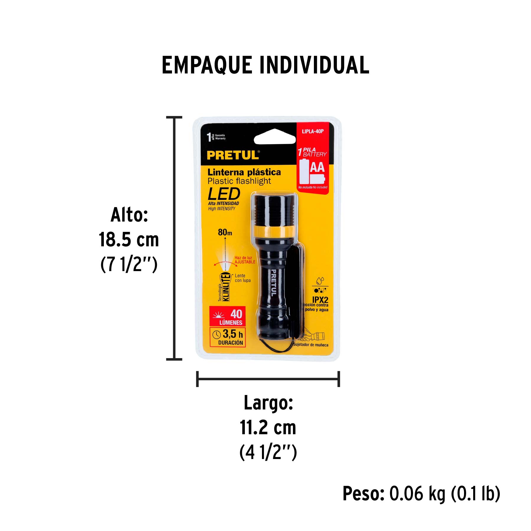 Linterna plástica 1 LED 40 lm de 1 pila AA, PRETUL - Empaque