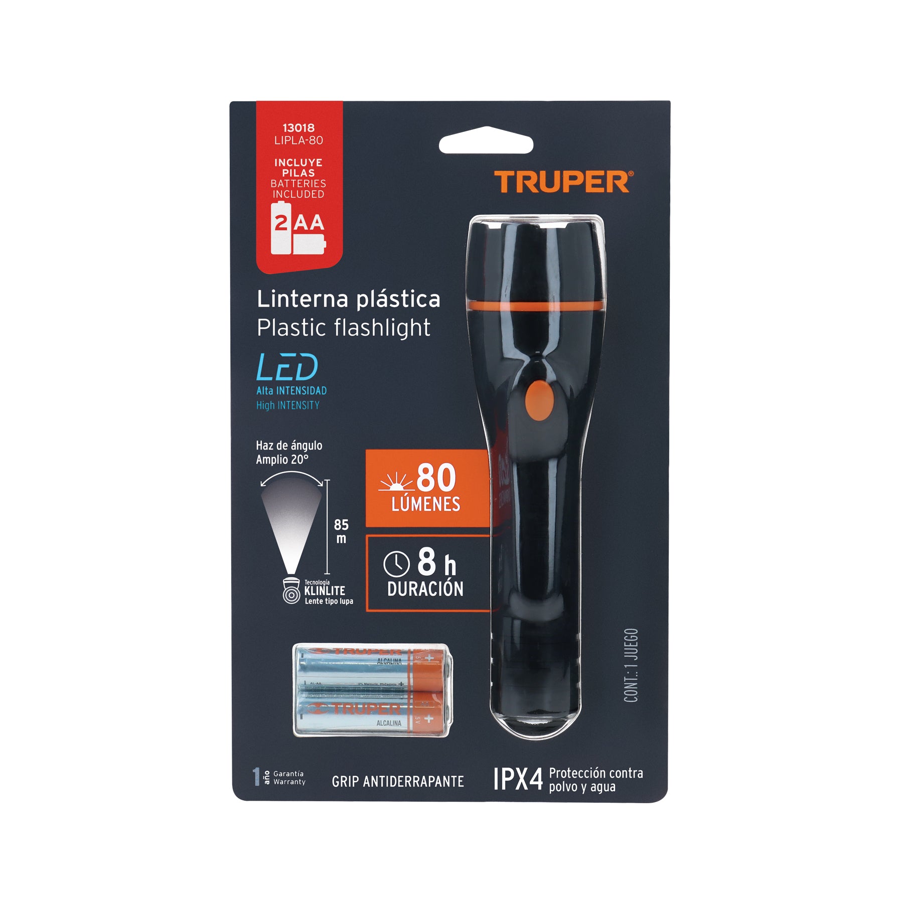 Linterna plástica 1 LED 80 lm con 2 pilas AA, TRUPER