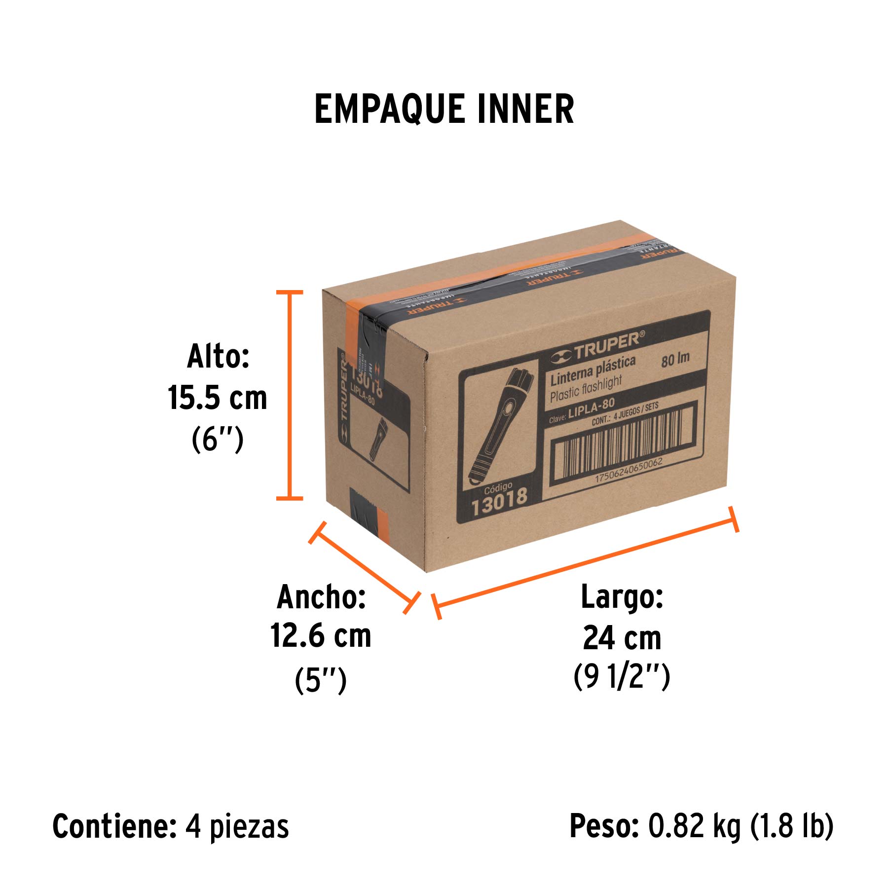 Linterna plástica 1 LED 80 lm con 2 pilas AA, TRUPER - Empaque