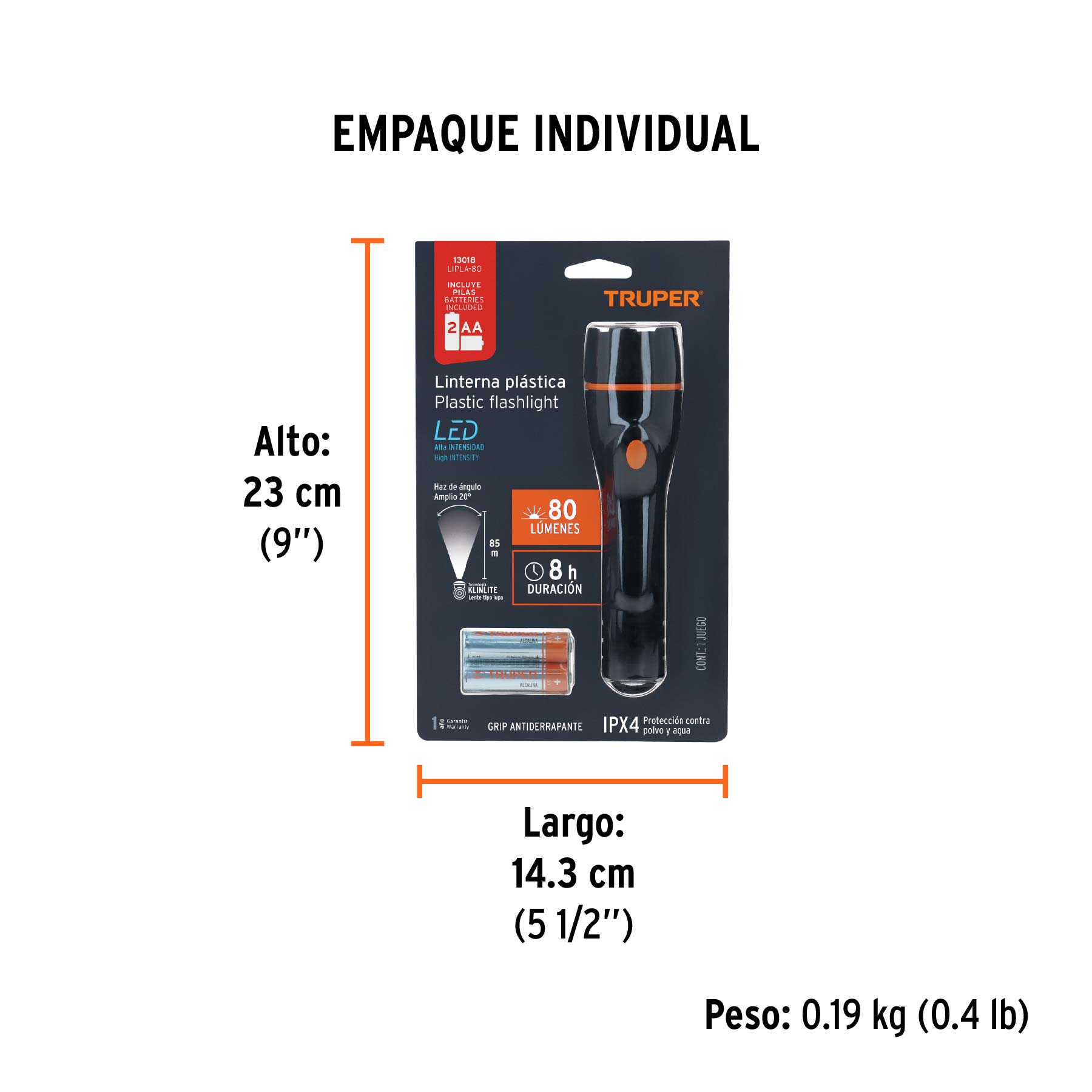 Linterna plástica 1 LED 80 lm con 2 pilas AA, TRUPER - Empaque