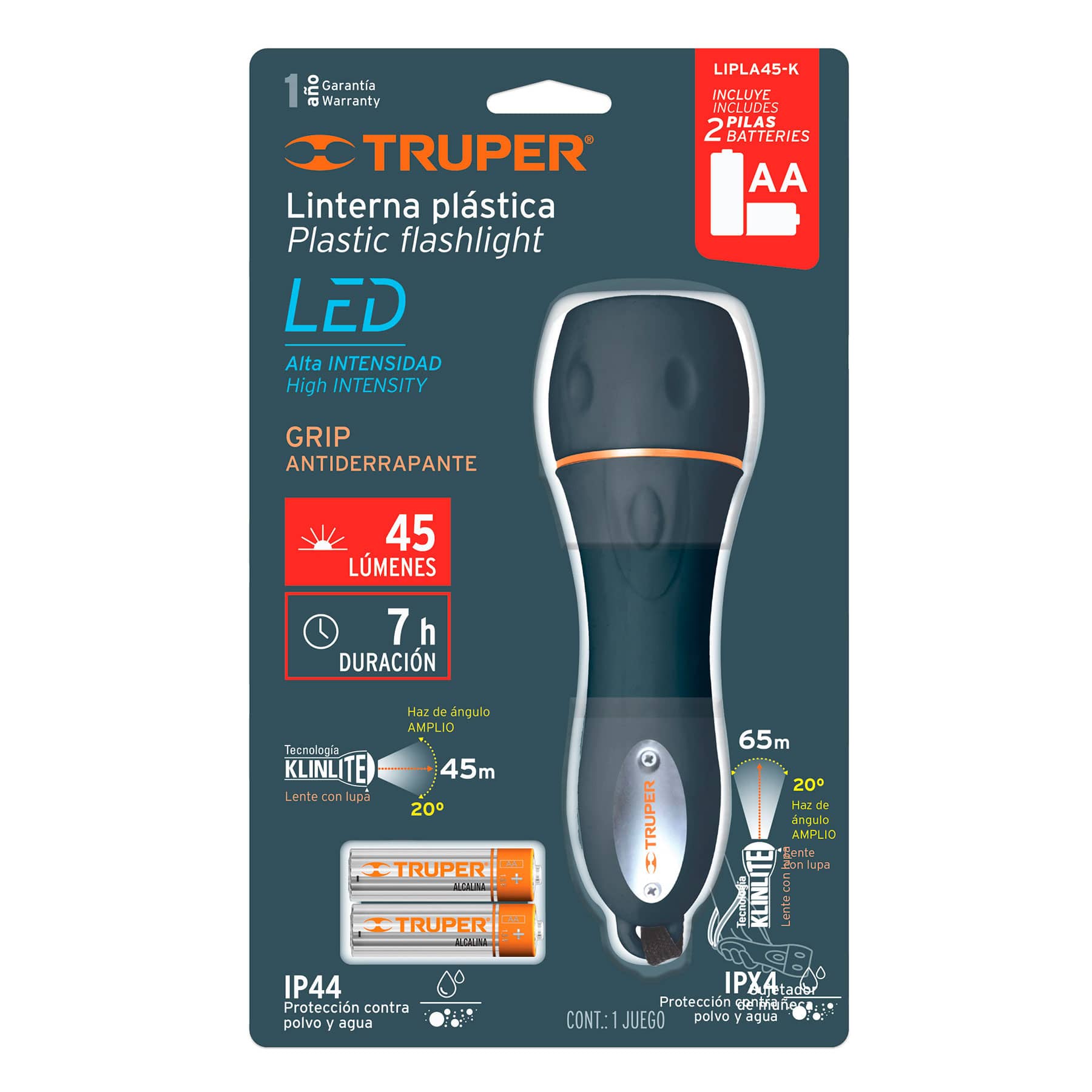 Linterna plástica de Led, luz abierta, 2 pilas AA, 45 Lm