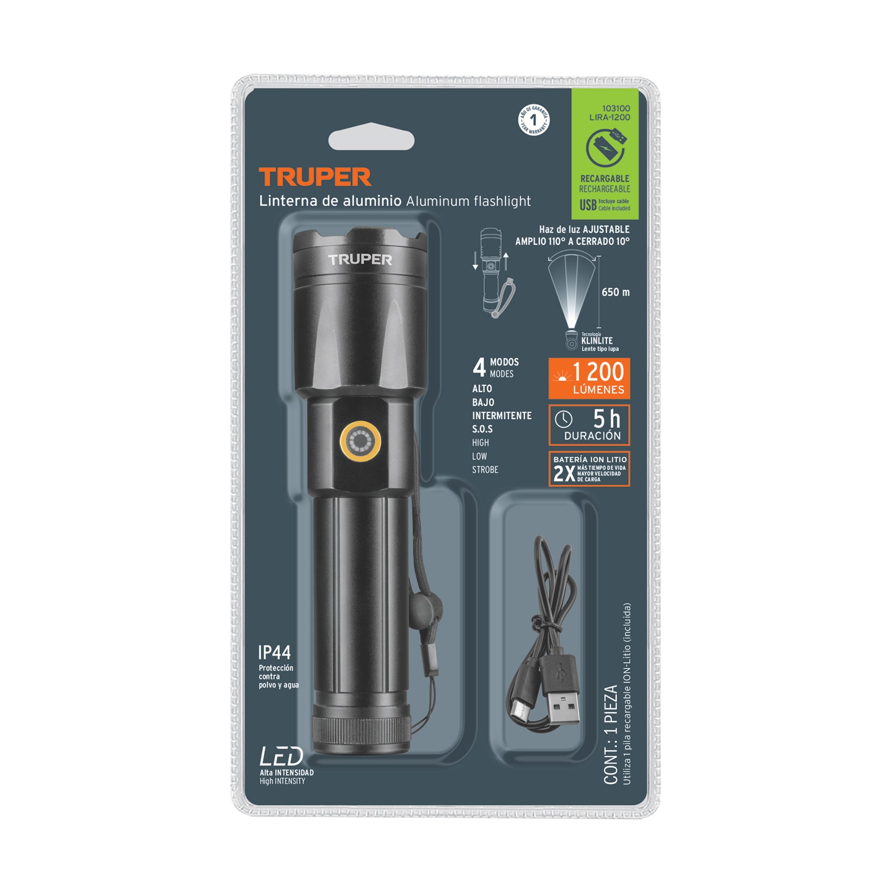 Linterna LED recargable, de aluminio, 1,200 lm, TRUPER