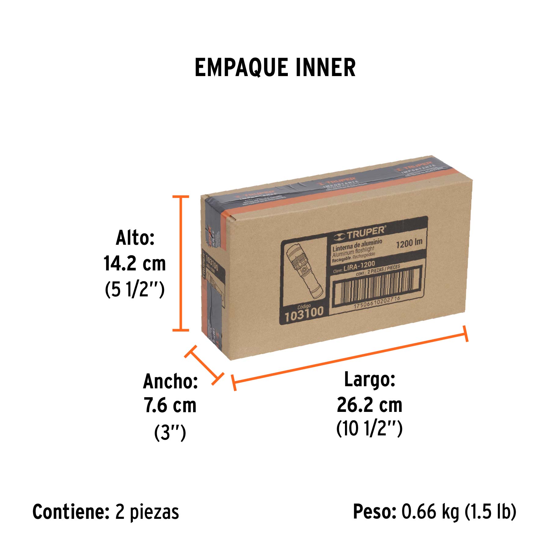 Linterna LED recargable, de aluminio, 1,200 lm, TRUPER - Empaque