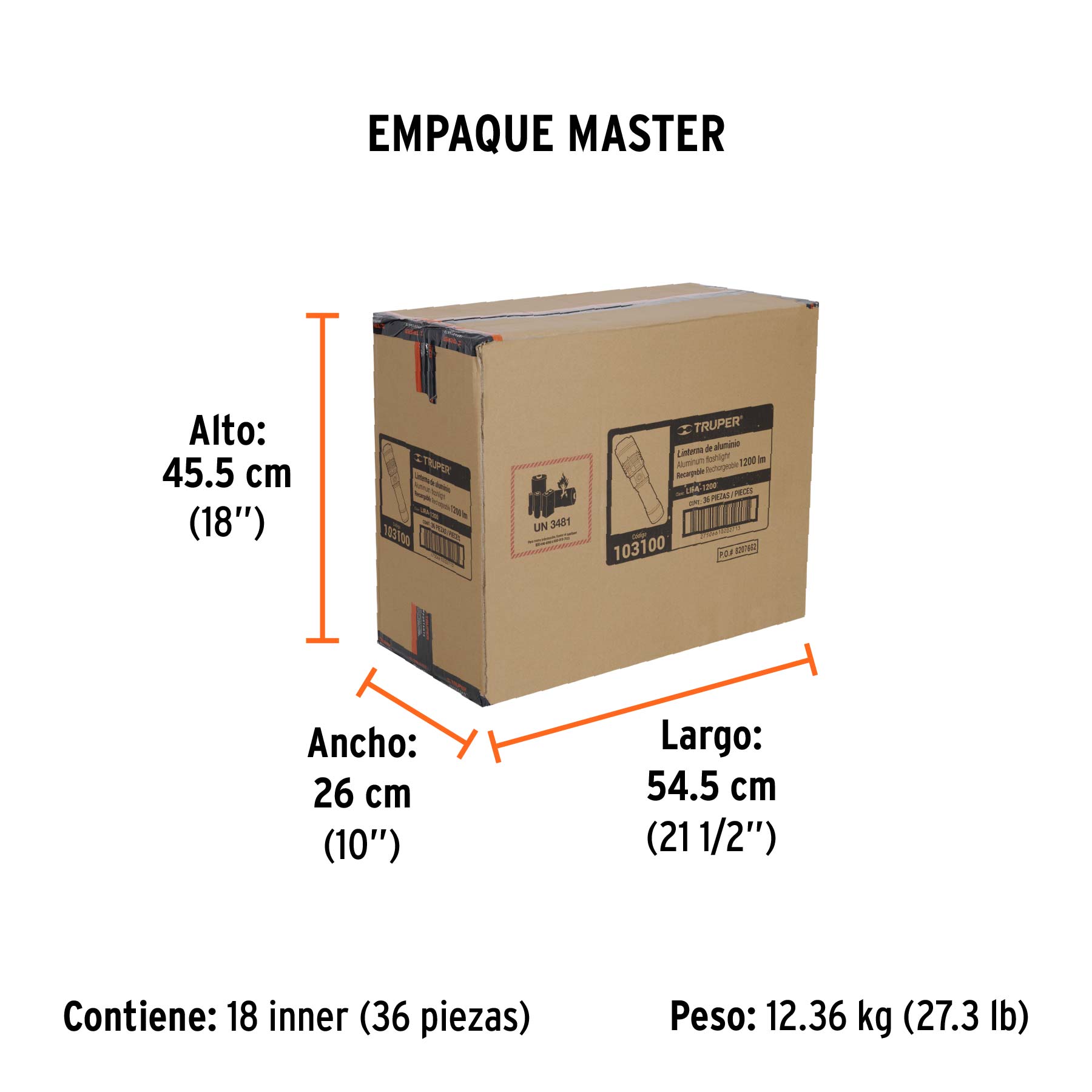 Linterna LED recargable, de aluminio, 1,200 lm, TRUPER - Empaque