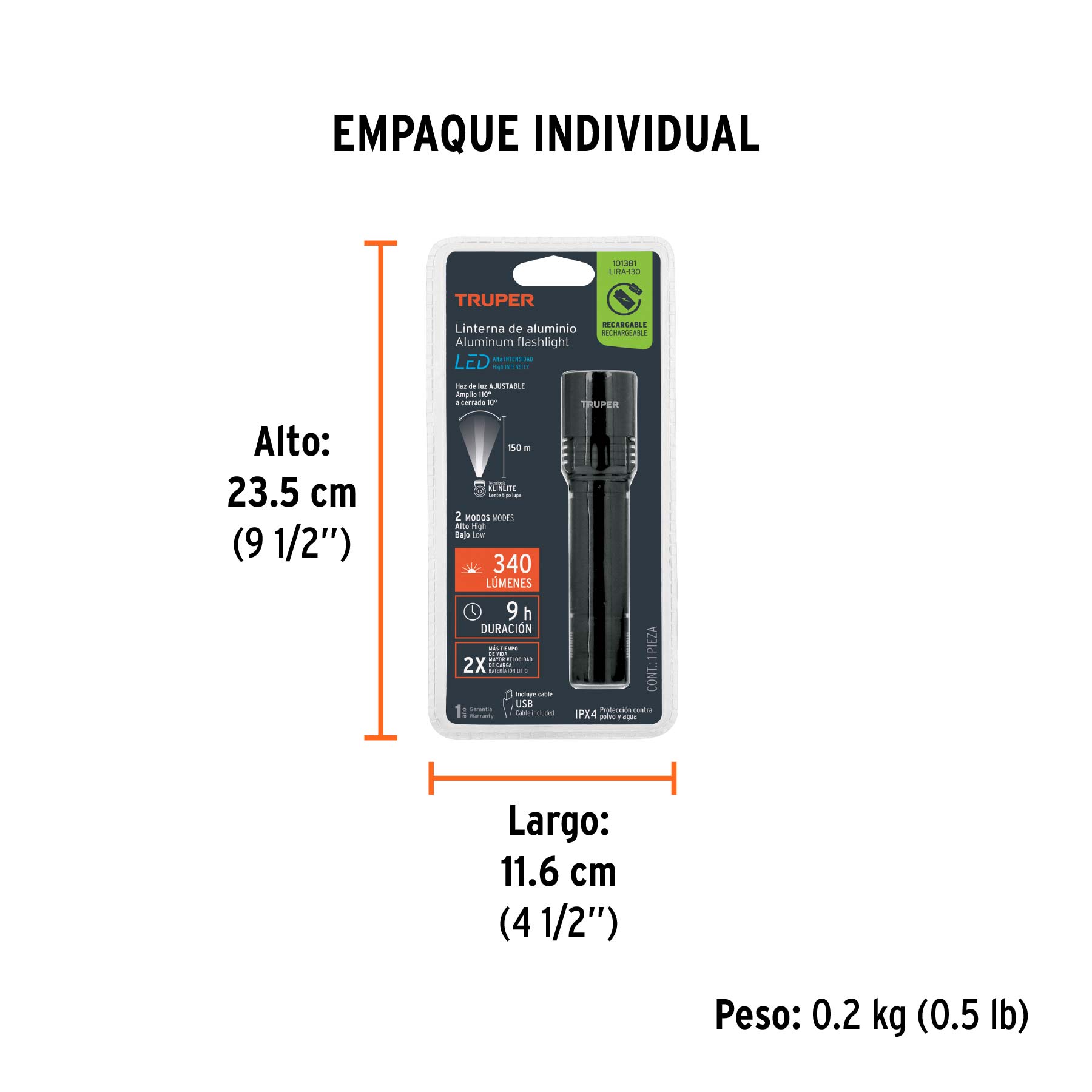 Linterna LED recargable, de aluminio, 340 lm, TRUPER - Empaque