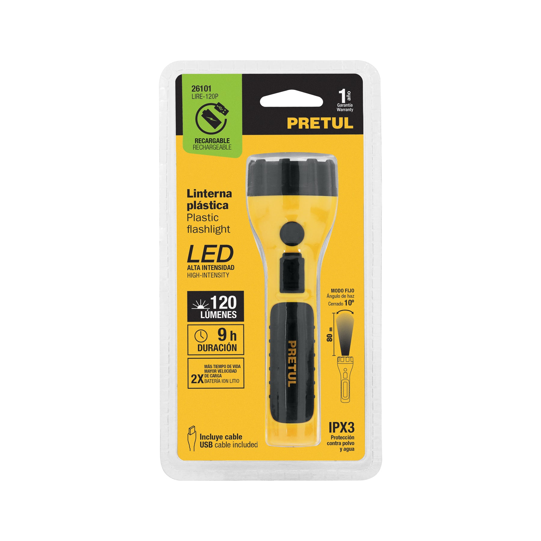 Linterna plástica de LED, 120 lm, recargable, PRETUL