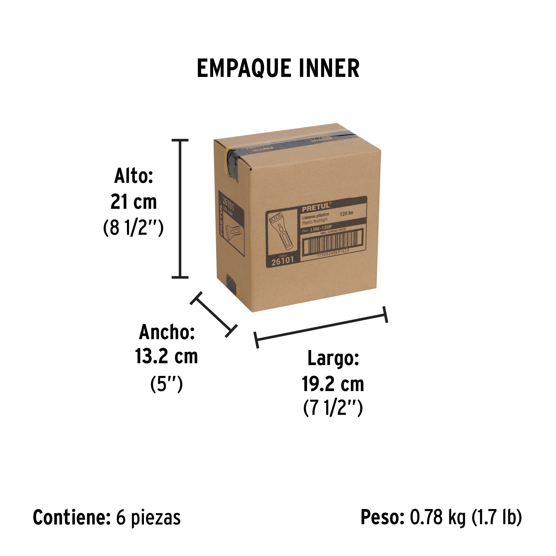 Linterna plástica de LED, 120 lm, recargable, PRETUL - Empaque