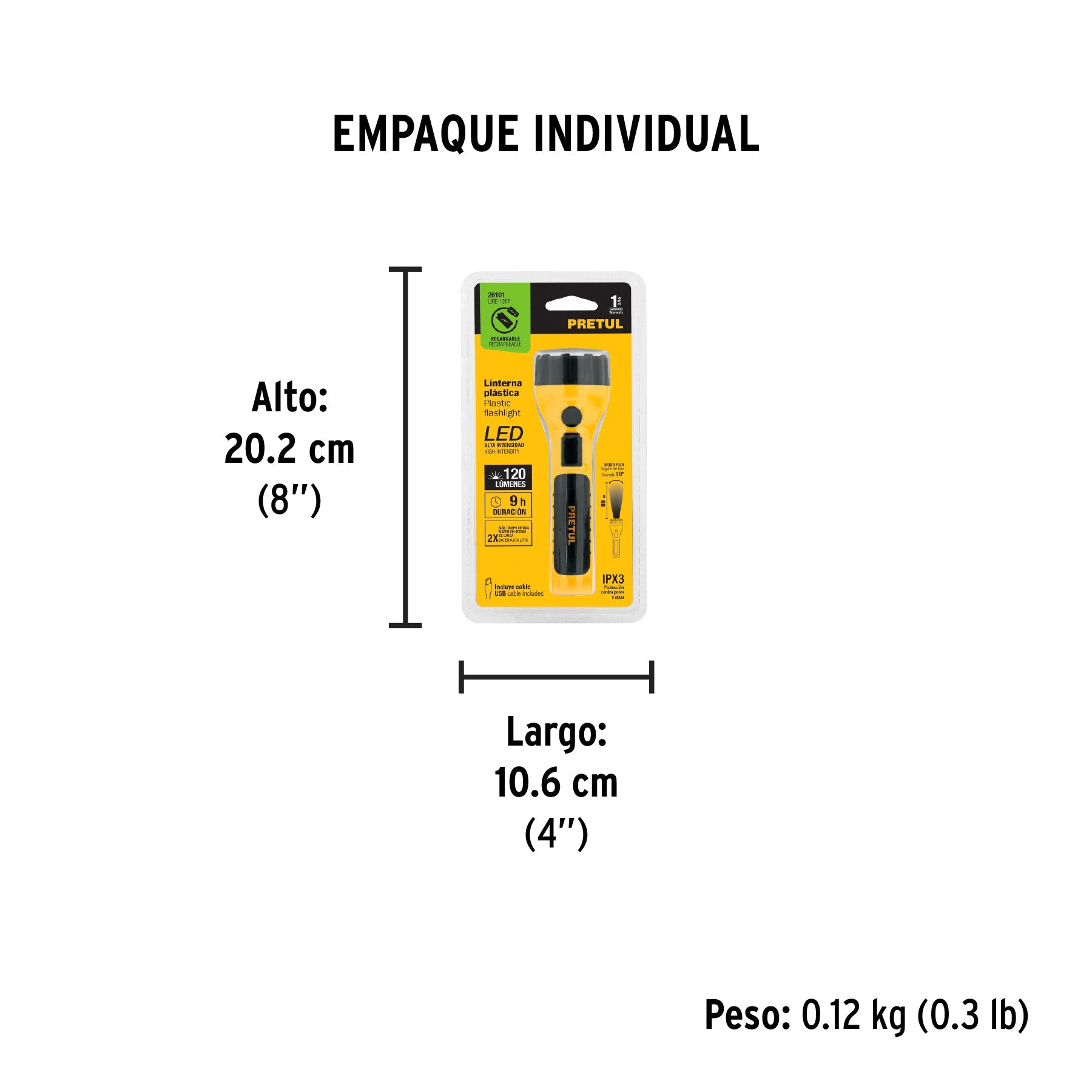 Linterna plástica de LED, 120 lm, recargable, PRETUL - Empaque