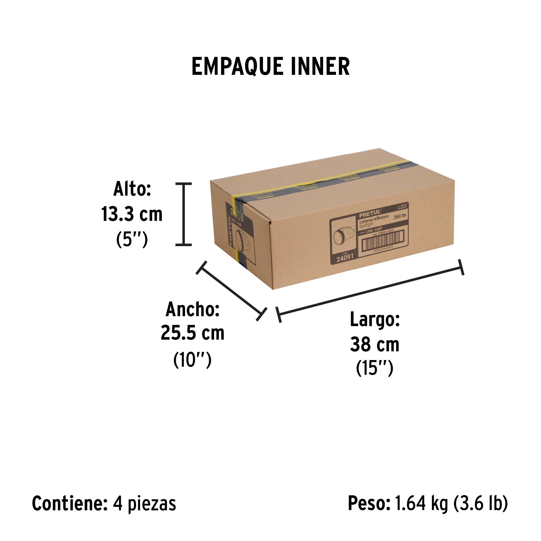 Linterna reflectora LED 260 lm, recargable, PRETUL - Empaque