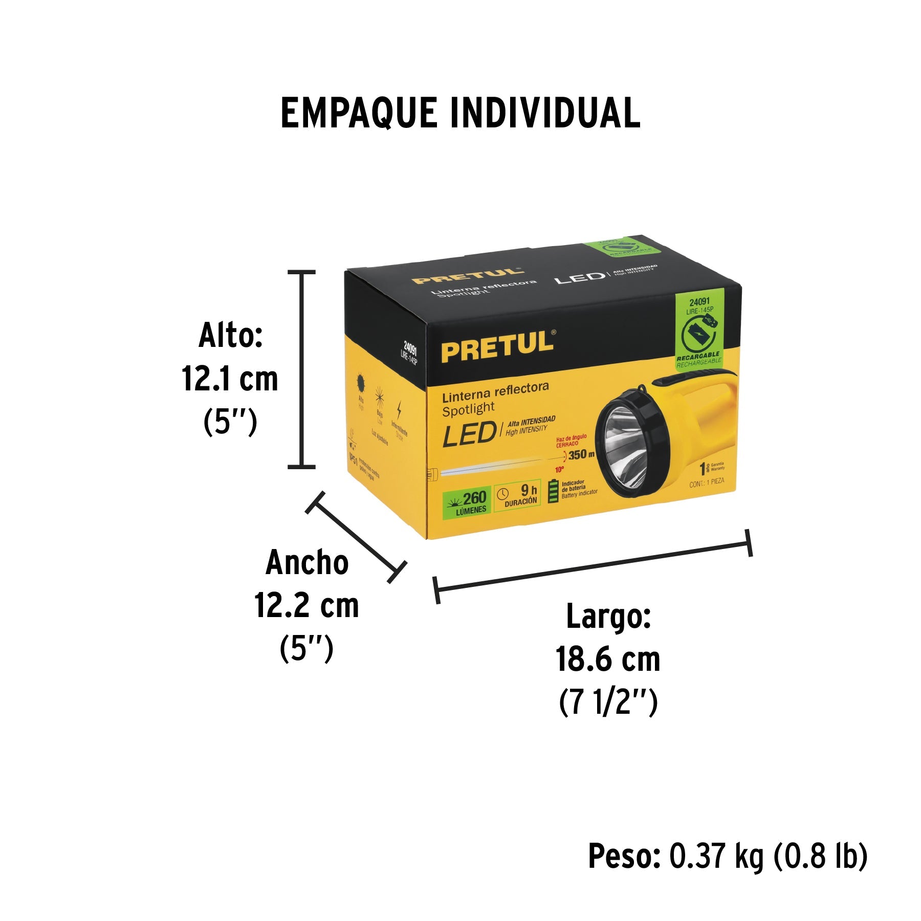 Linterna reflectora LED 260 lm, recargable, PRETUL - Empaque