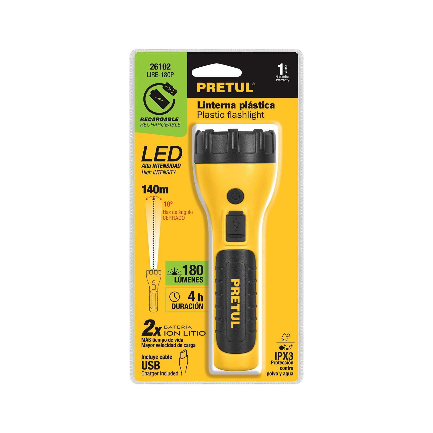 Linterna plástica de LED, 180 lm, recargable, PRETUL