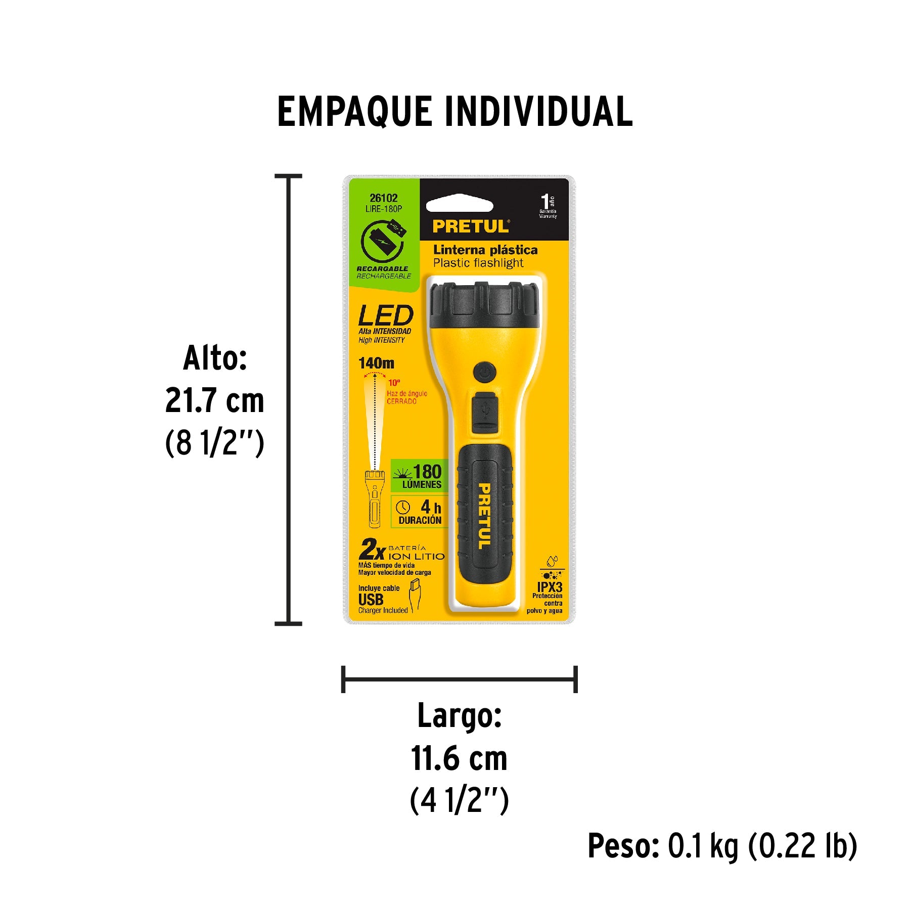 Linterna plástica de LED, 180 lm, recargable, PRETUL - Empaque