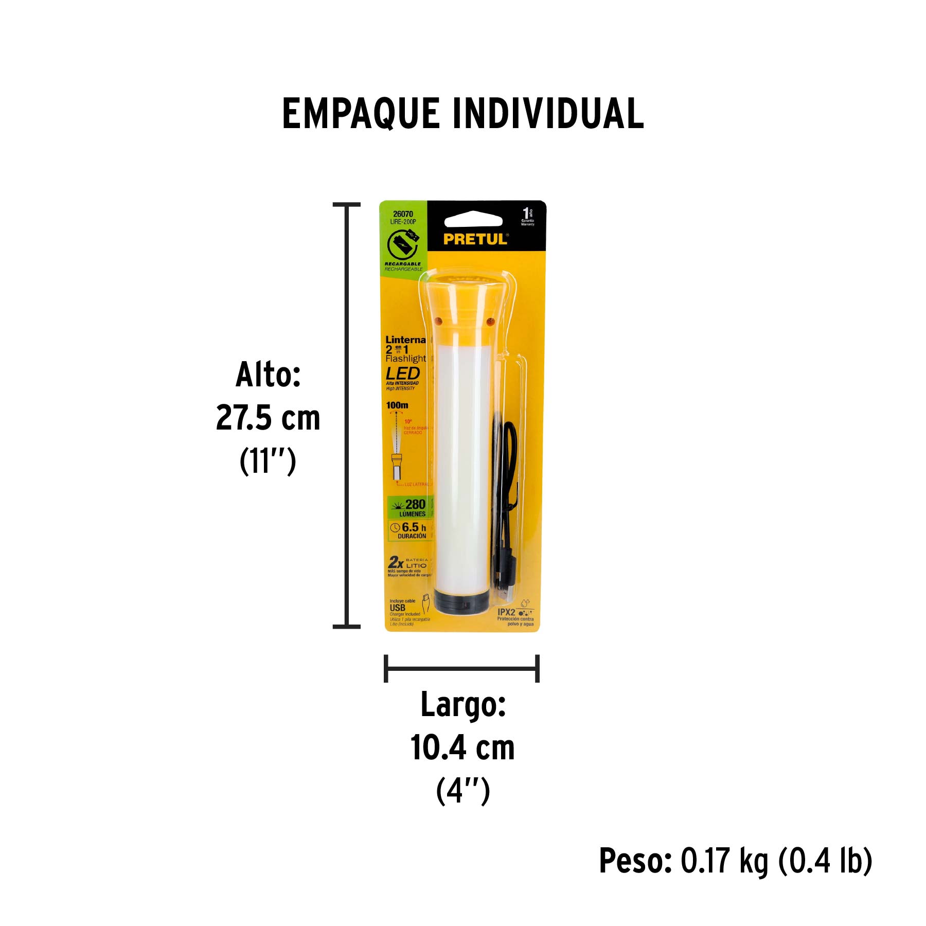 Linterna plástica de LED, 100 lm, recargable, PRETUL - Empaque