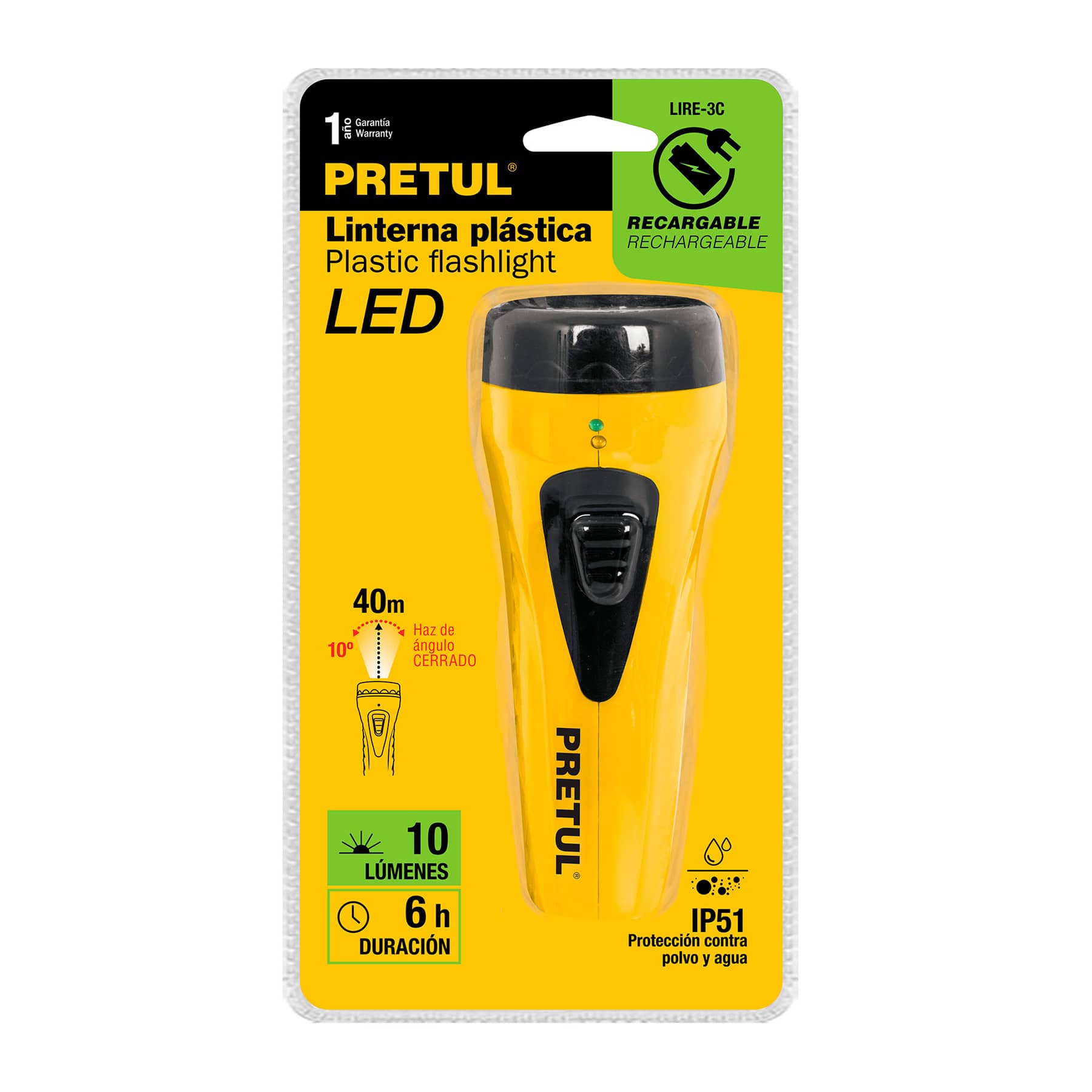 Linterna recargable de LED, 10 lúmenes, PRETUL
