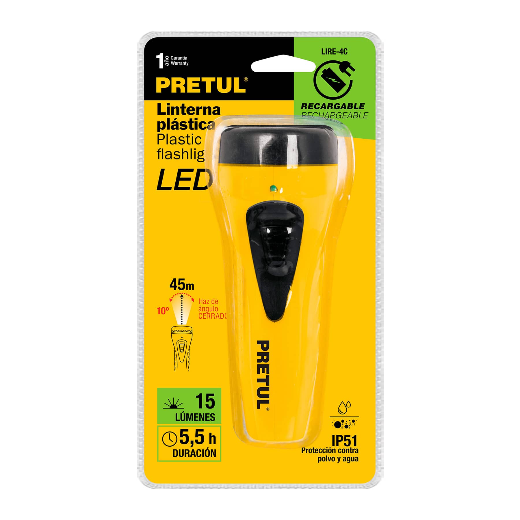 Linterna recargable de LED, 15 lúmenes, PRETUL