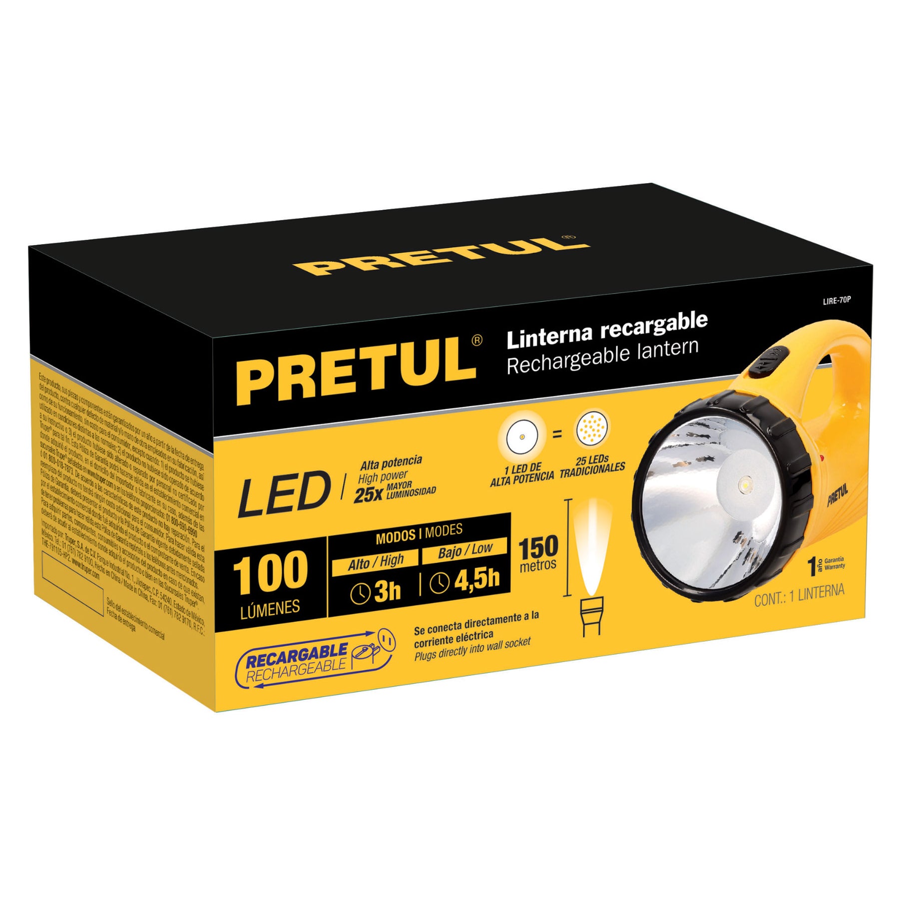 Linterna recargable de Led, 100 lúmenes, PRETUL