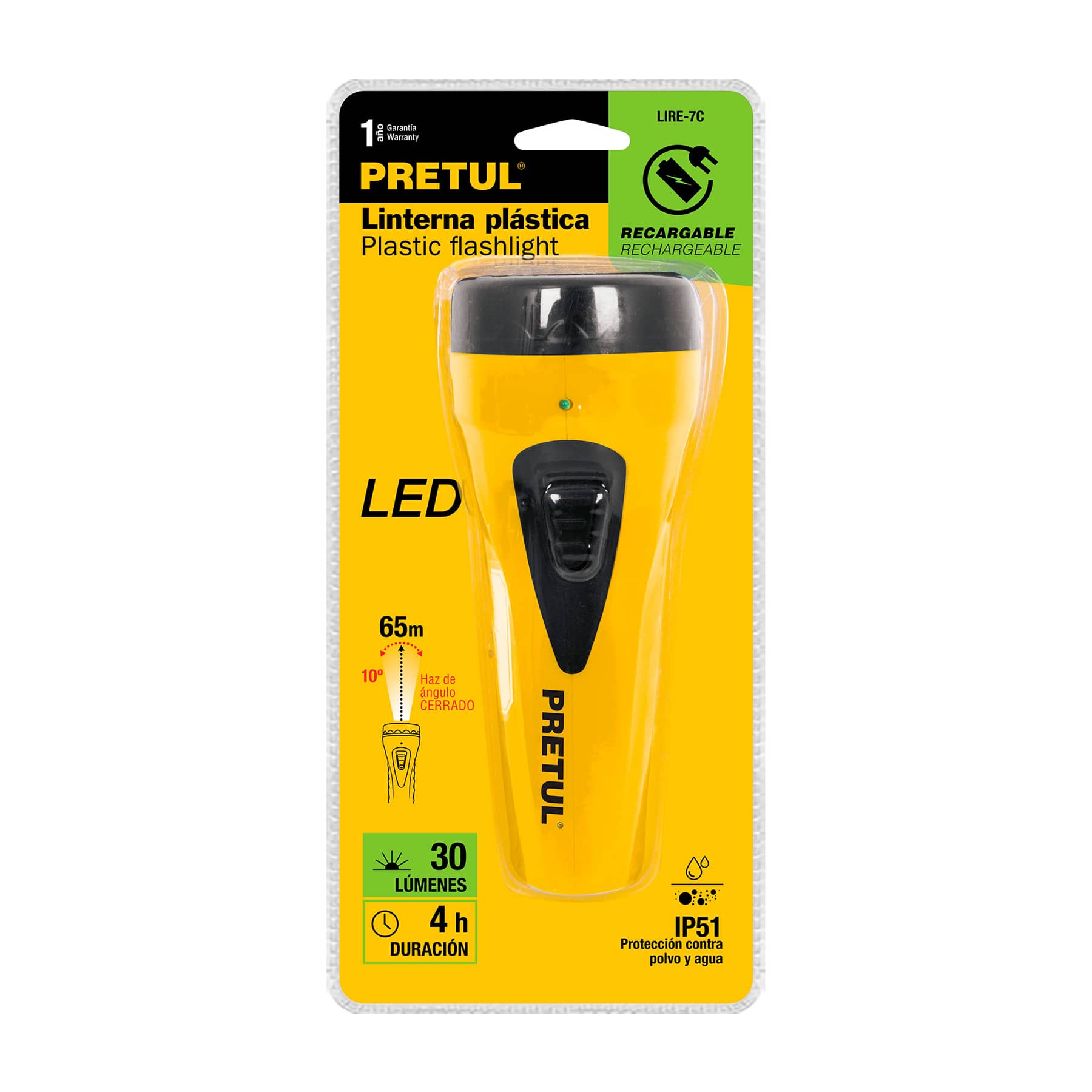 Linterna recargable de LED, 30 lúmenes, PRETUL