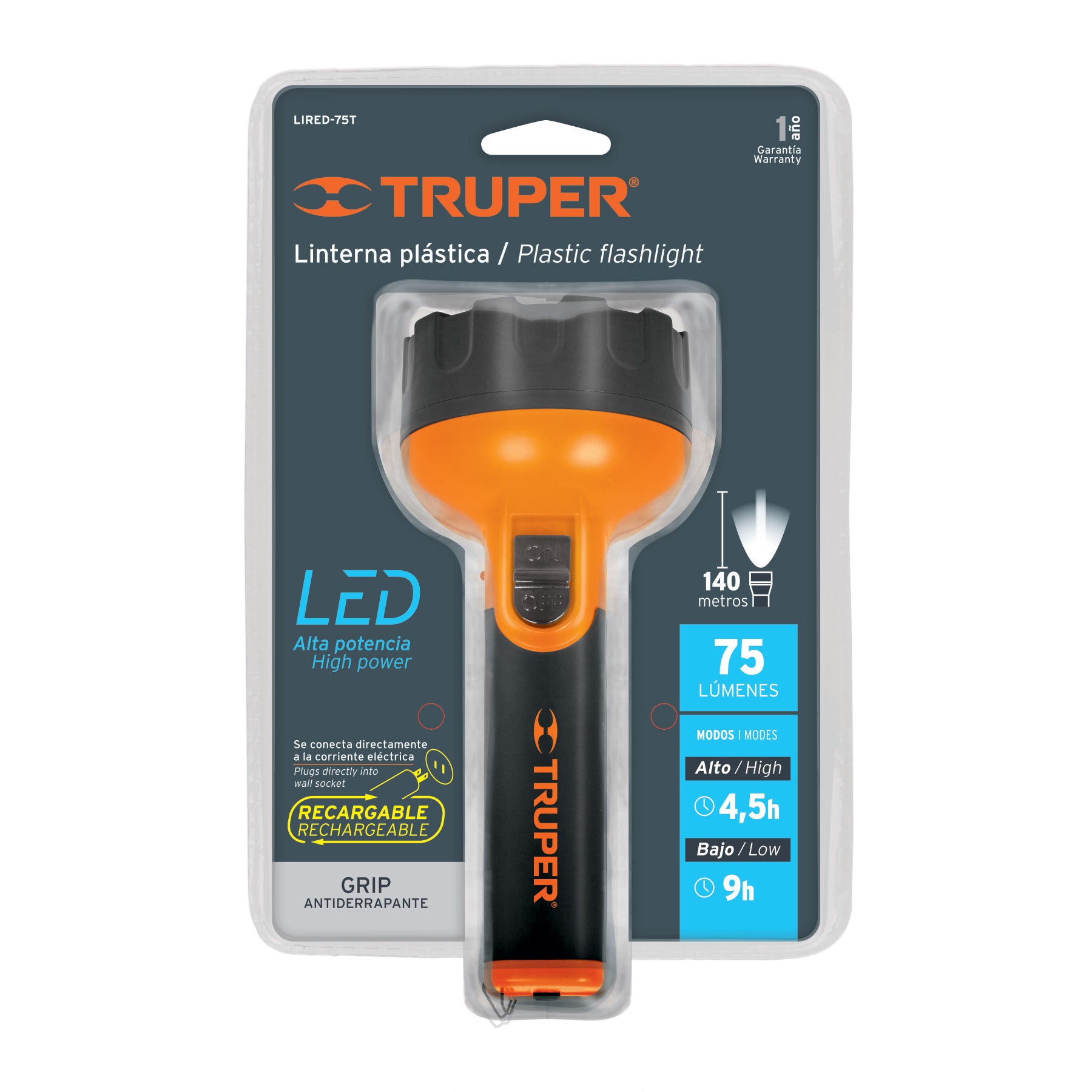 Linterna recargable de Led, 75 lúmenes