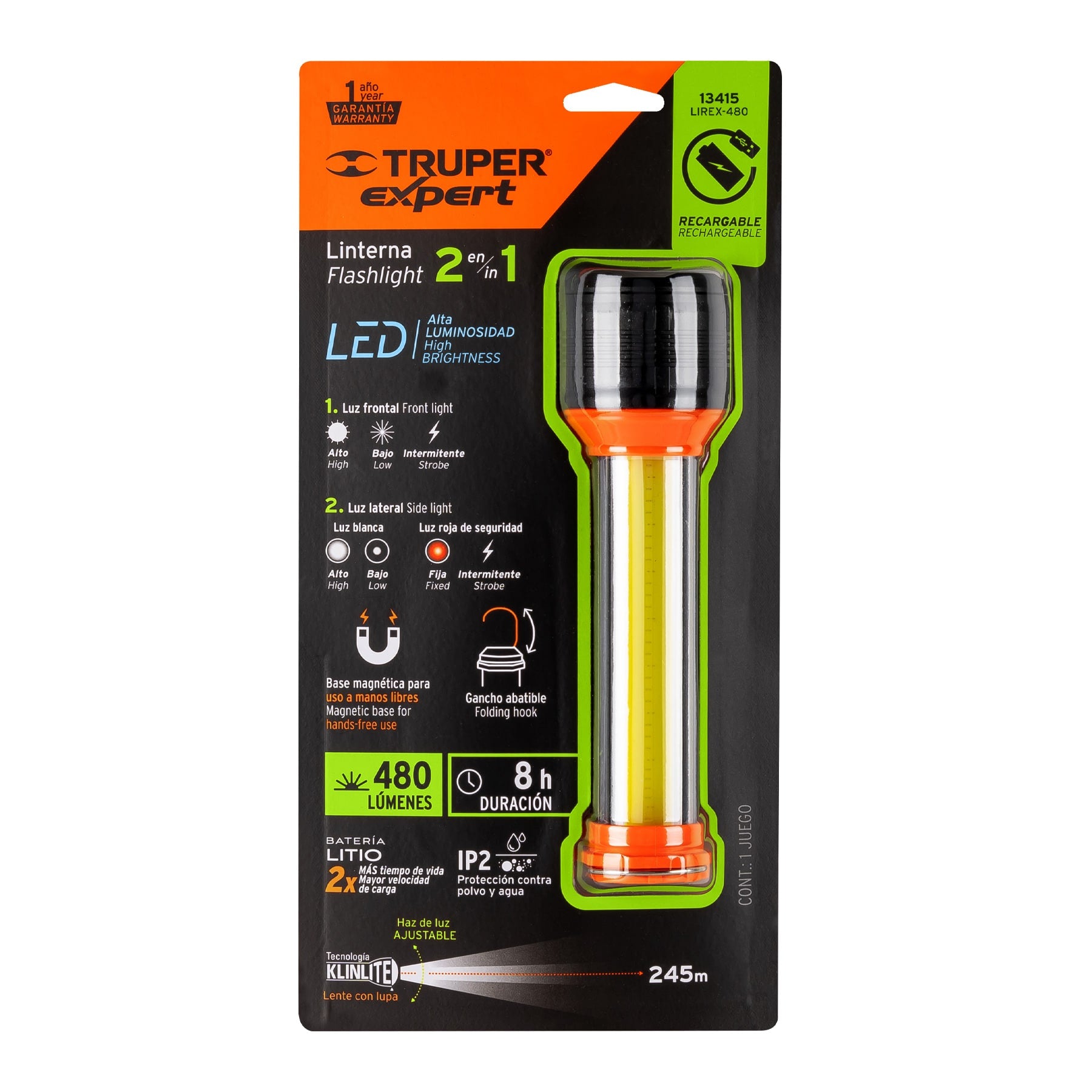 Linterna recargable con luz emergencia, 480lm, TRUPER EXPERT