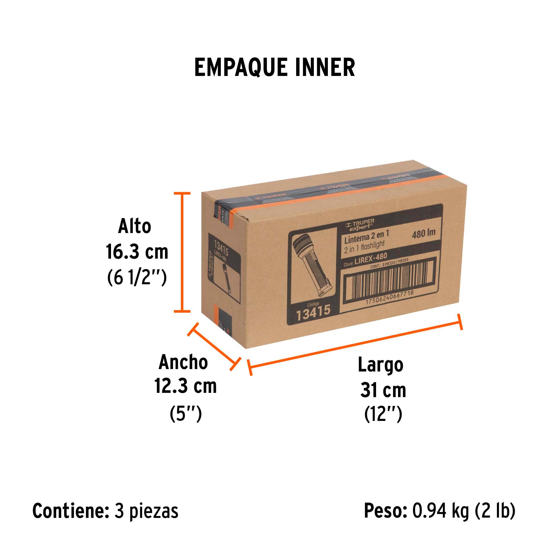 Linterna recargable con luz emergencia, 480lm, TRUPER EXPERT - Empaque