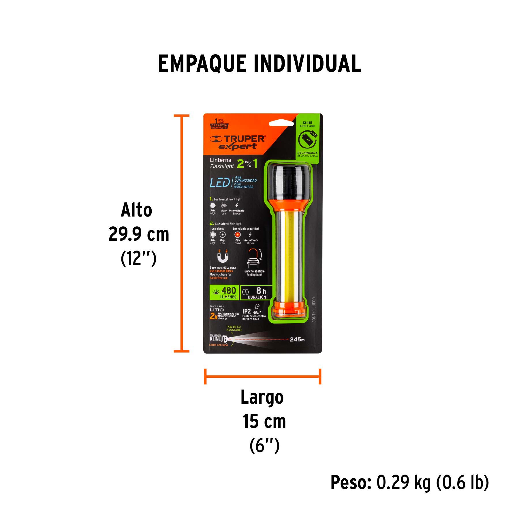 Linterna recargable con luz emergencia, 480lm, TRUPER EXPERT - Empaque