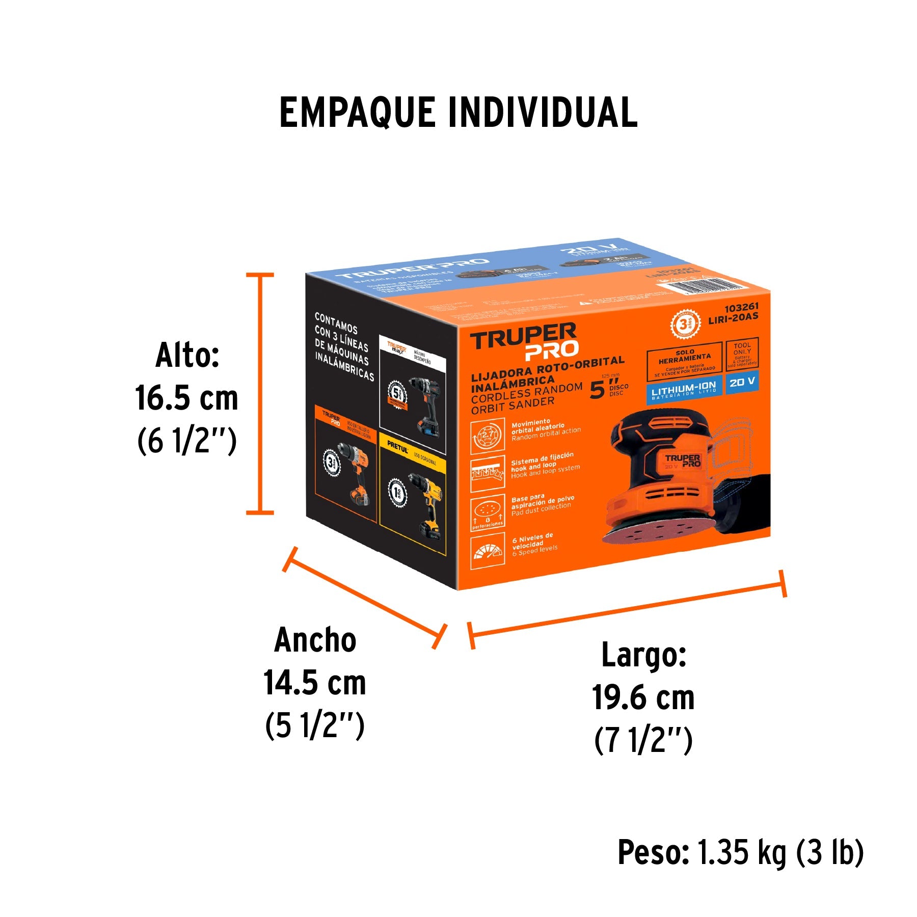 Lijadora roto-orbital 5", 20V, sin accesorios, TRUPER PRO - Empaque