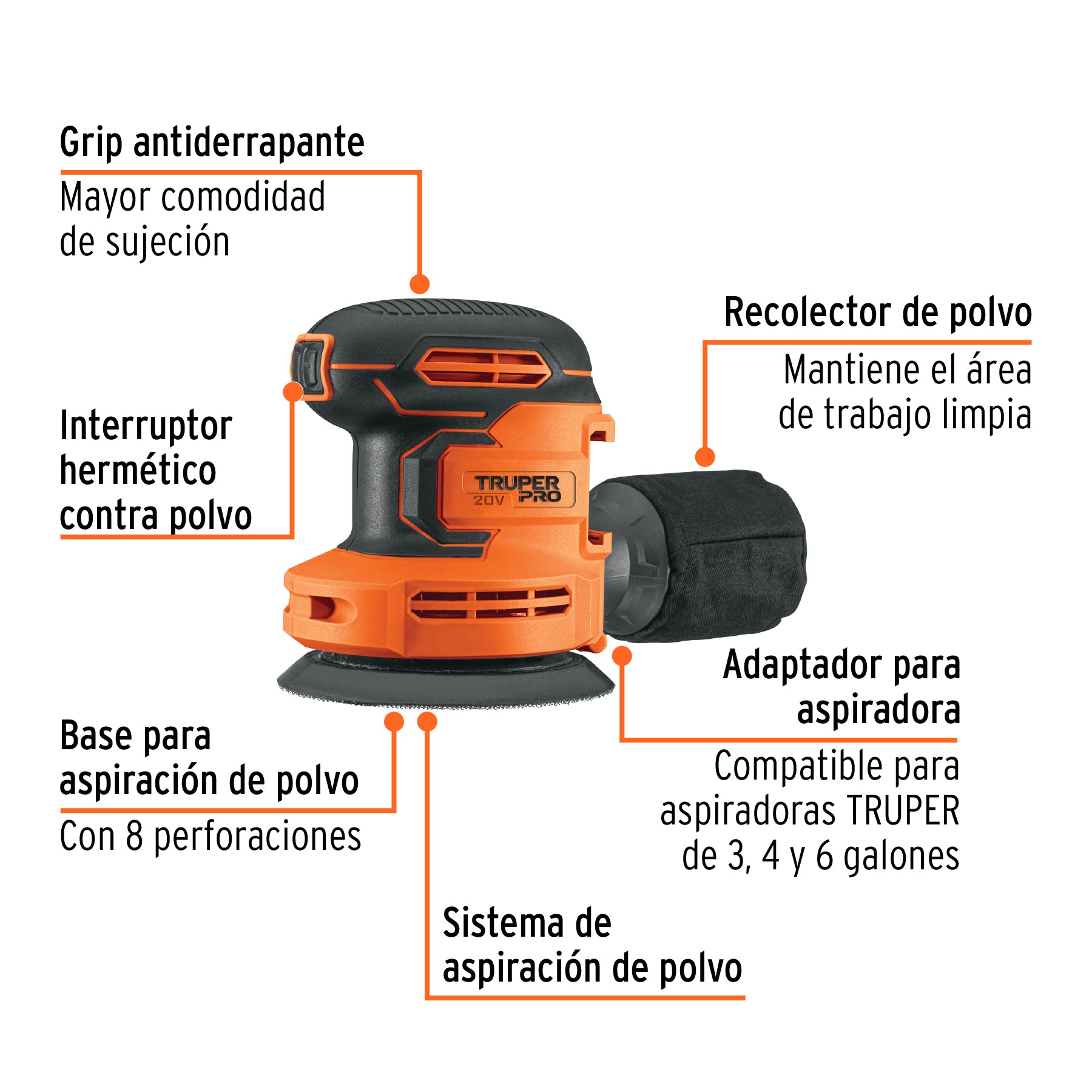 Lijadora roto-orbital 5", 20V, sin accesorios, TRUPER PRO