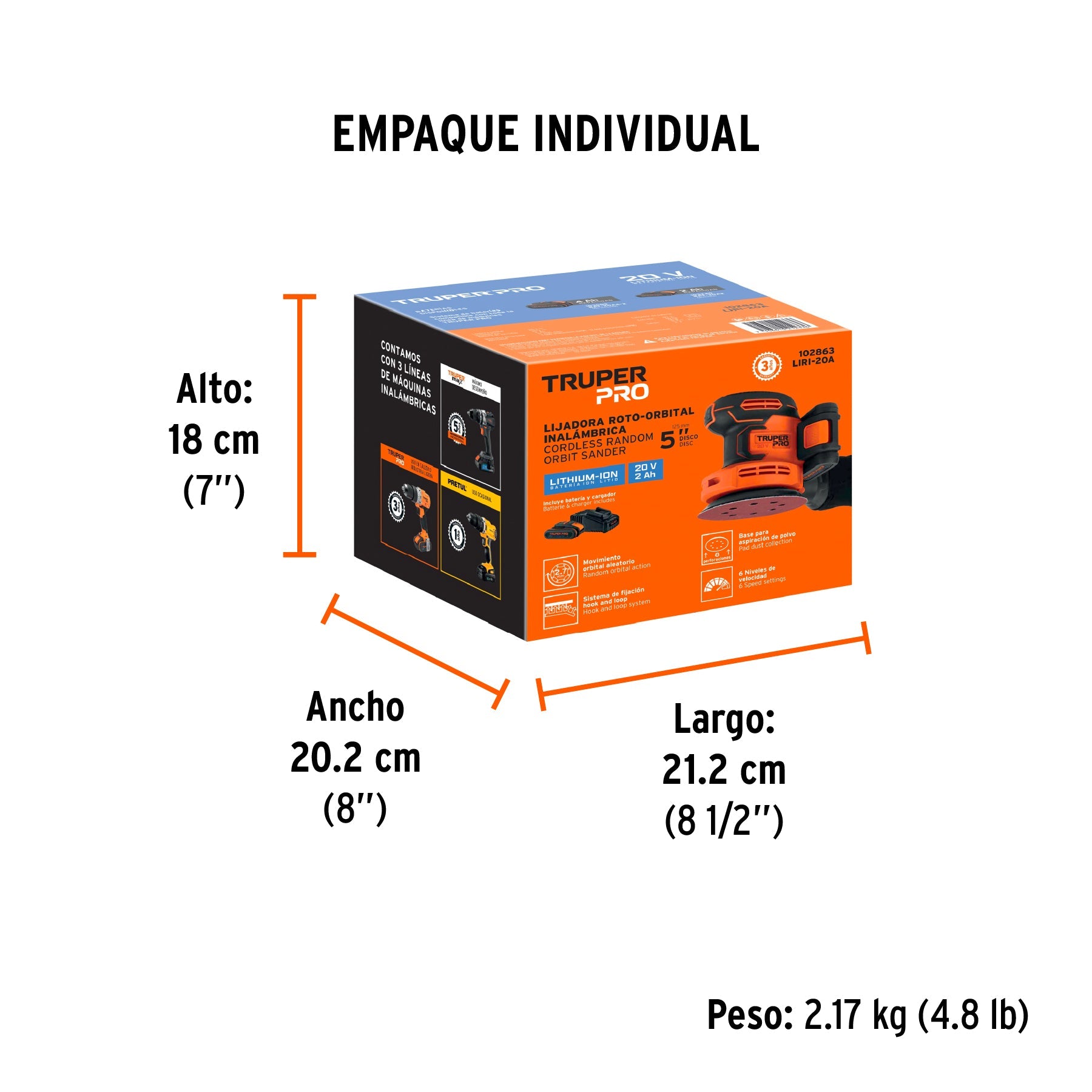 Lijadora roto-orbital 5", 20V, 1 batería 2Ah, TRUPER PRO - Empaque