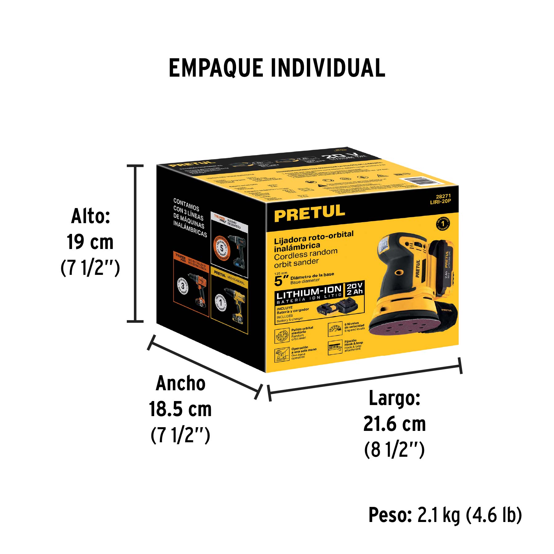 Lijadora roto-orbital 5", 20V, 1 batería 2Ah, PRETUL - Empaque