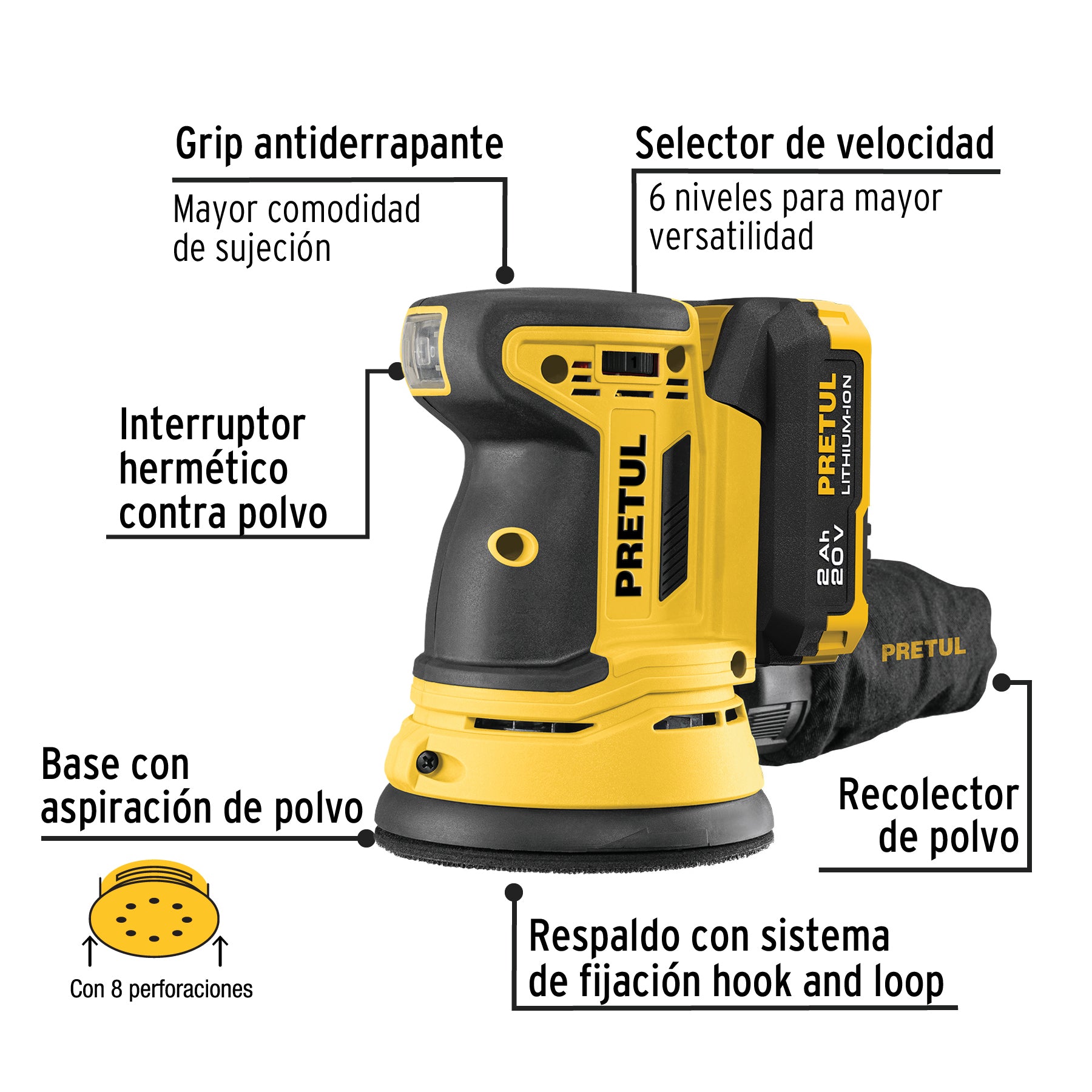 Lijadora roto-orbital 5", 20V, 1 batería 2Ah, PRETUL