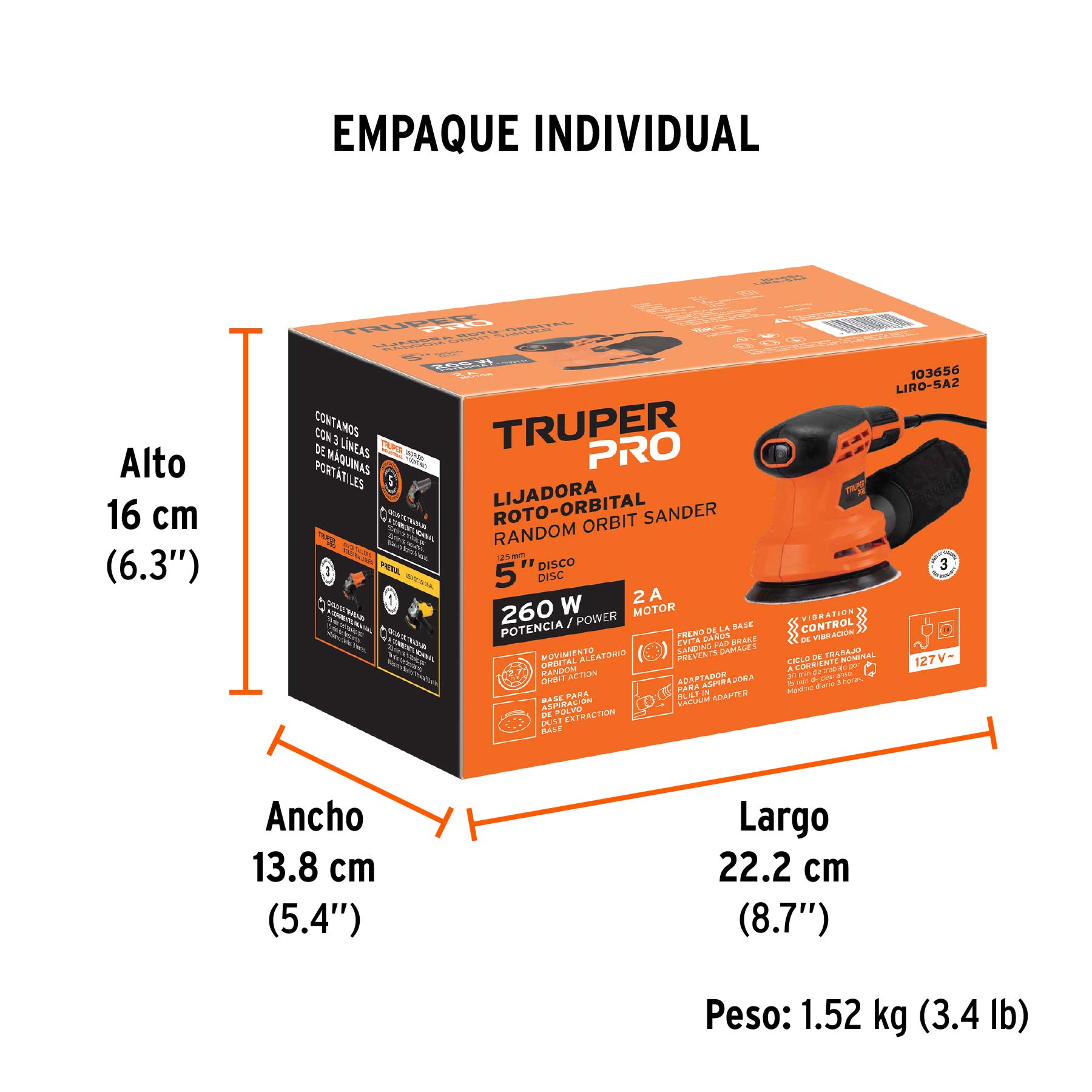 Lijadora roto orbital 5", 260W, TRUPER PRO - Empaque