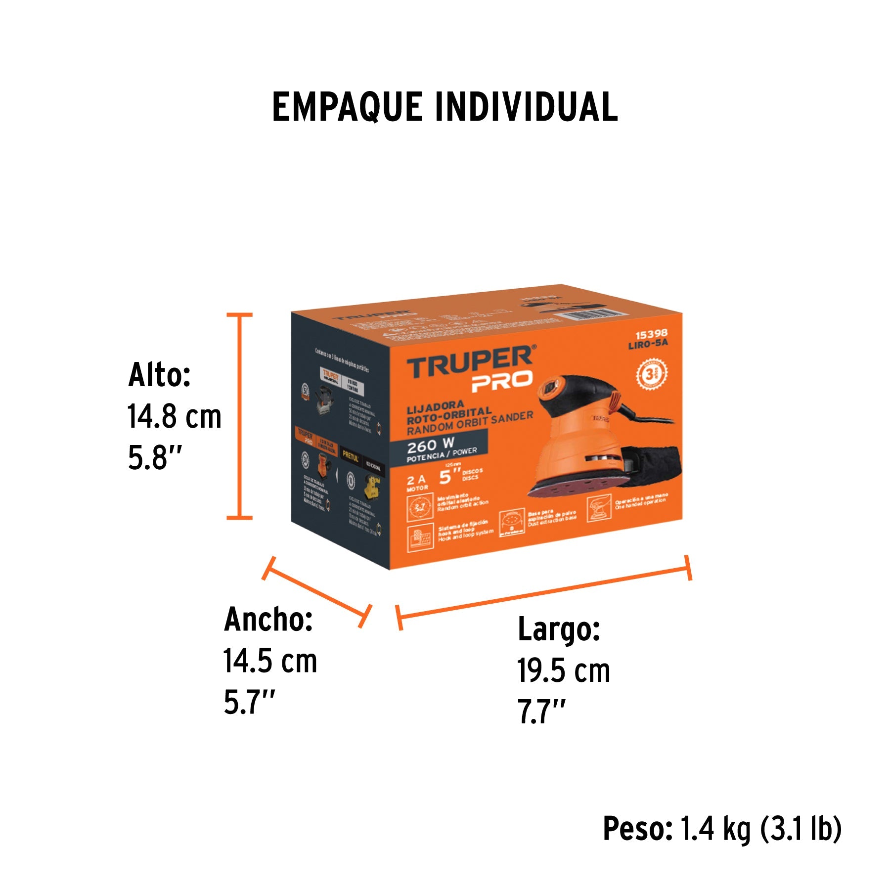 Lijadora roto orbital 5", 260W, TRUPER PRO - Empaque