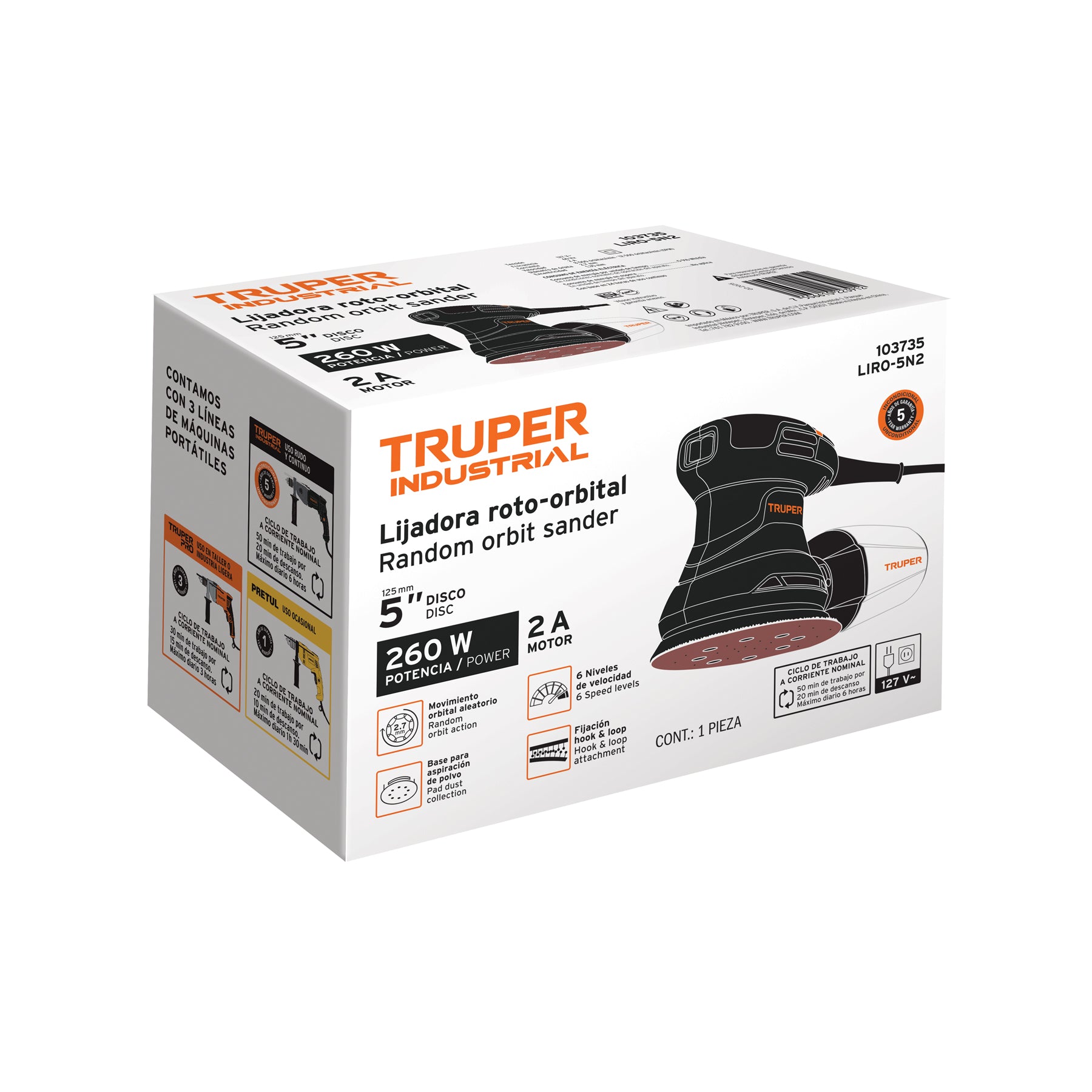 Lijadora roto orbital 5", 260W, TRUPER INDUSTRIAL