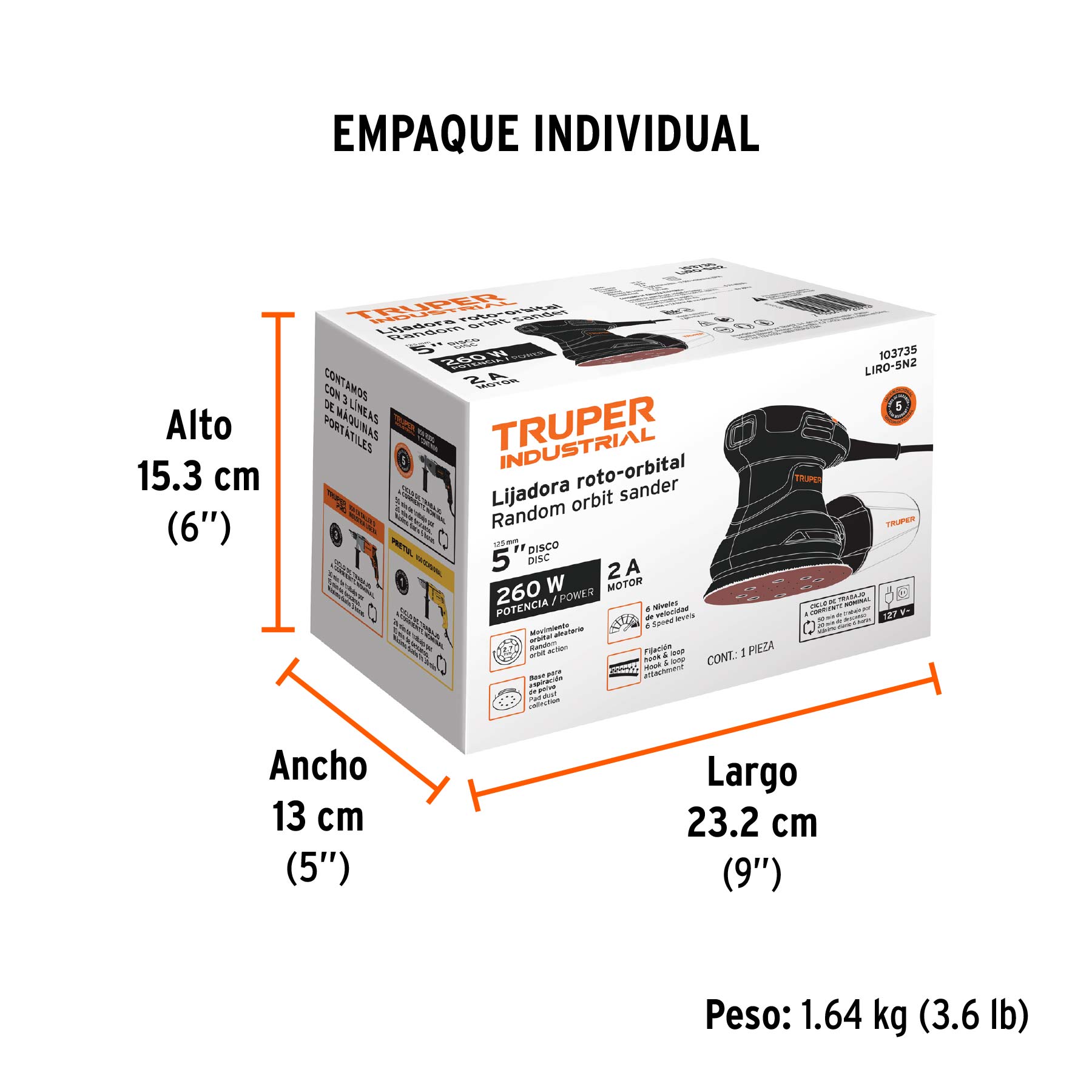 Lijadora roto orbital 5", 260W, TRUPER INDUSTRIAL - Empaque