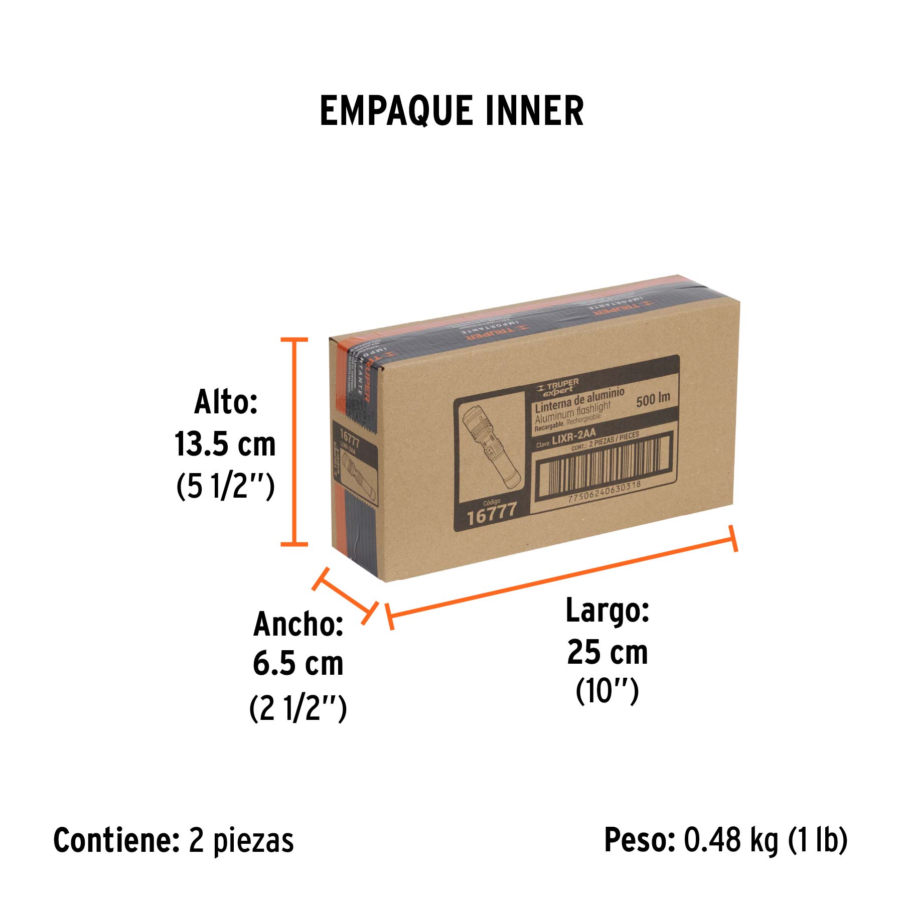 Linterna LED recargable, de aluminio, 500 lm, TRUPER EXPERT - Empaque
