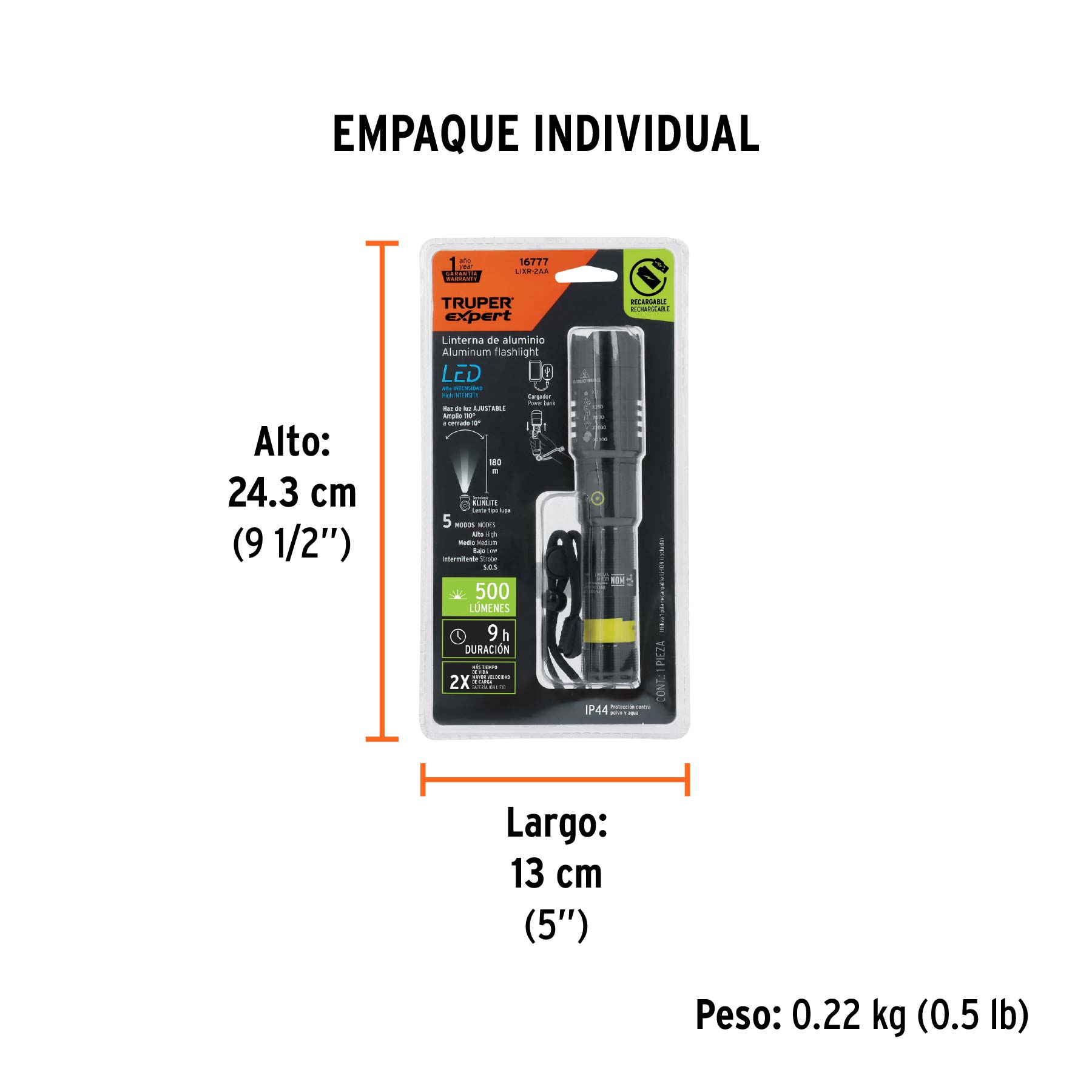 Linterna LED recargable, de aluminio, 500 lm, TRUPER EXPERT - Empaque