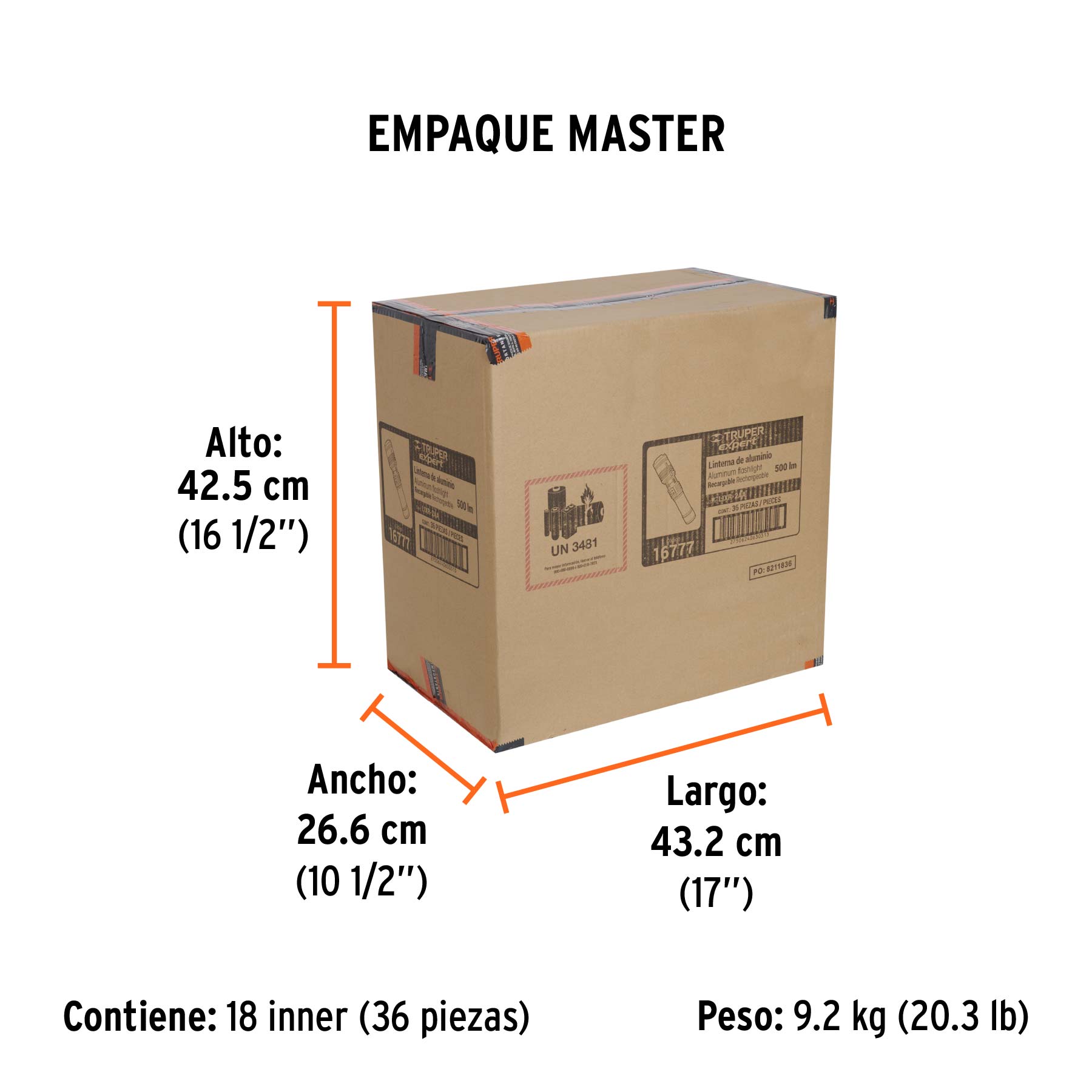 Linterna LED recargable, de aluminio, 500 lm, TRUPER EXPERT - Empaque