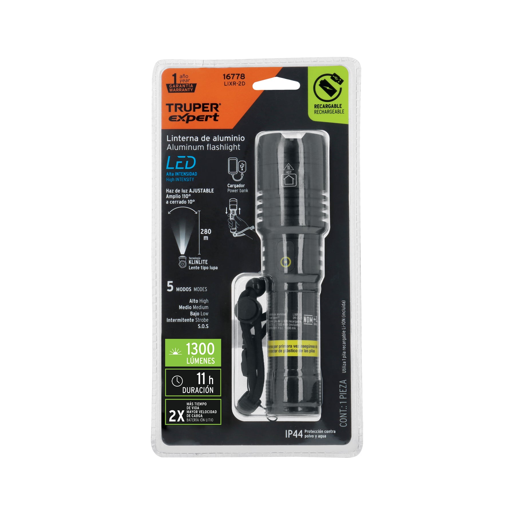 Linterna LED recargable, de aluminio,1,300 lm, TRUPER EXPERT
