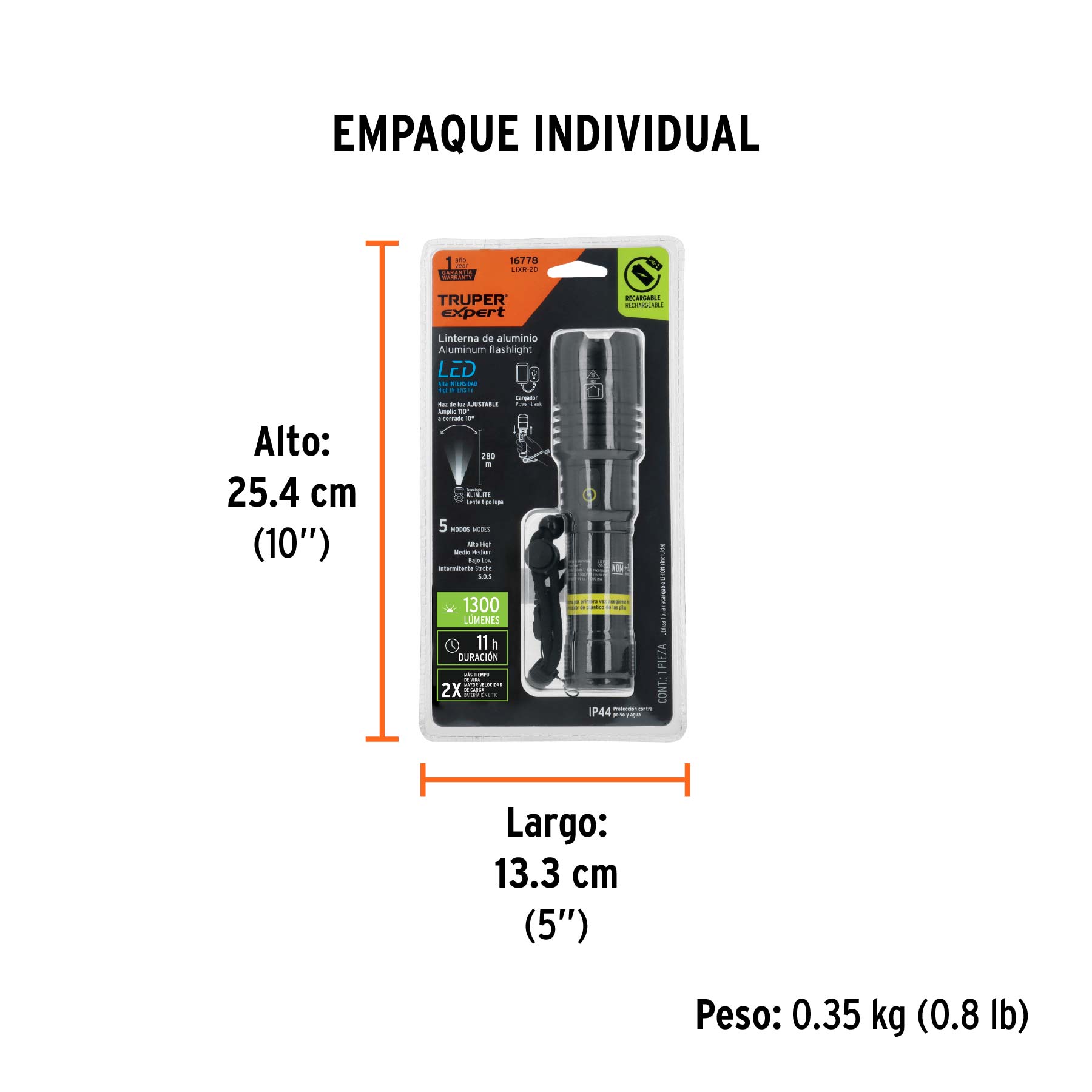 Linterna LED recargable, de aluminio,1,300 lm, TRUPER EXPERT - Empaque