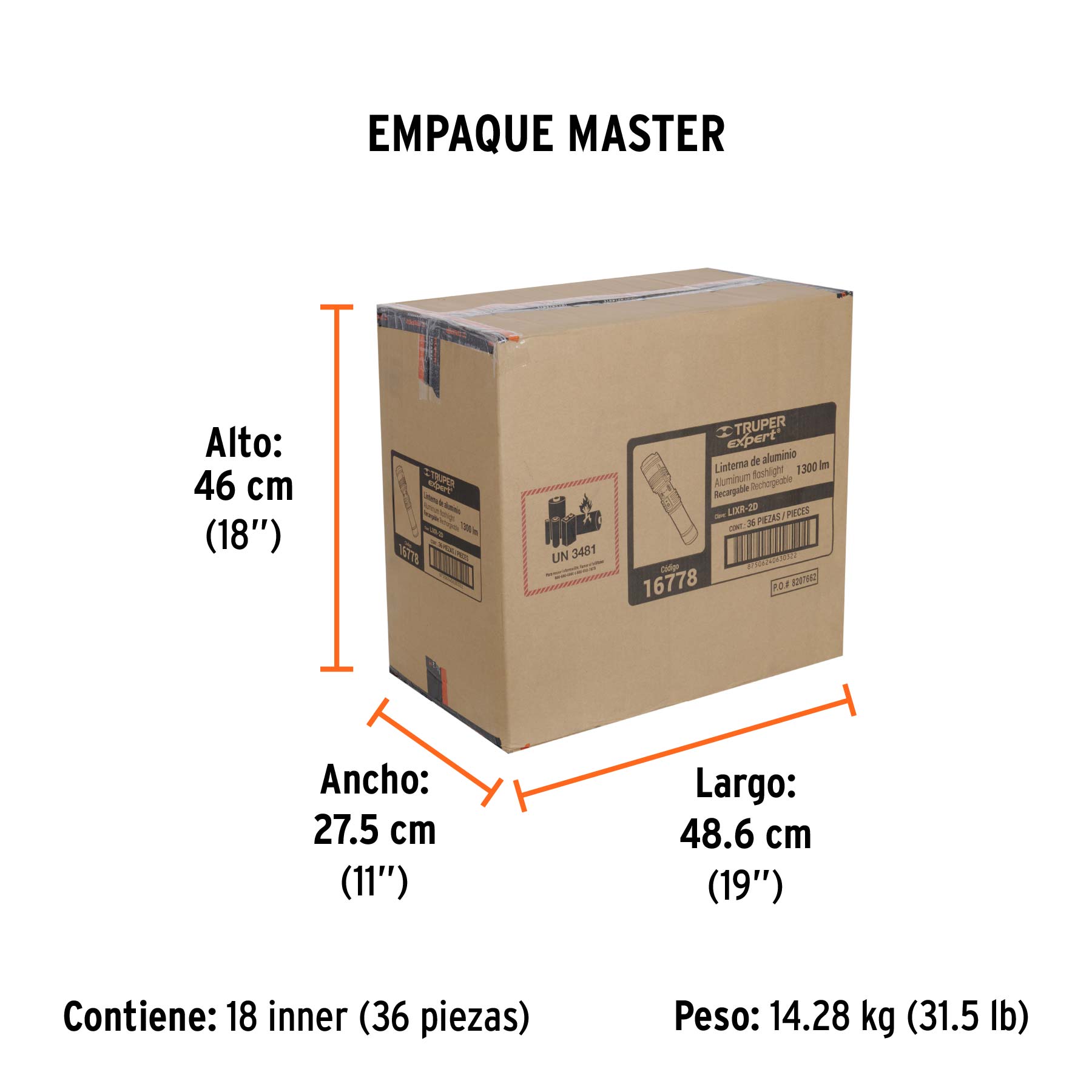 Linterna LED recargable, de aluminio,1,300 lm, TRUPER EXPERT - Empaque