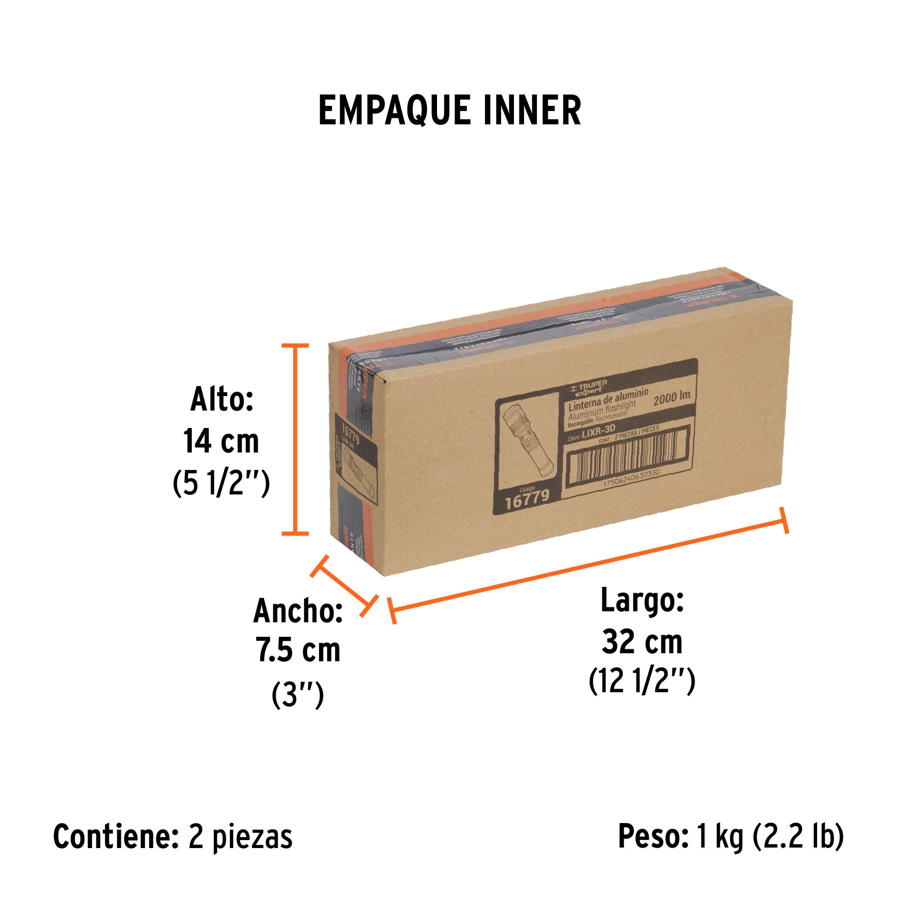 Linterna LED recargable, de aluminio,2,000 lm, TRUPER EXPERT - Empaque