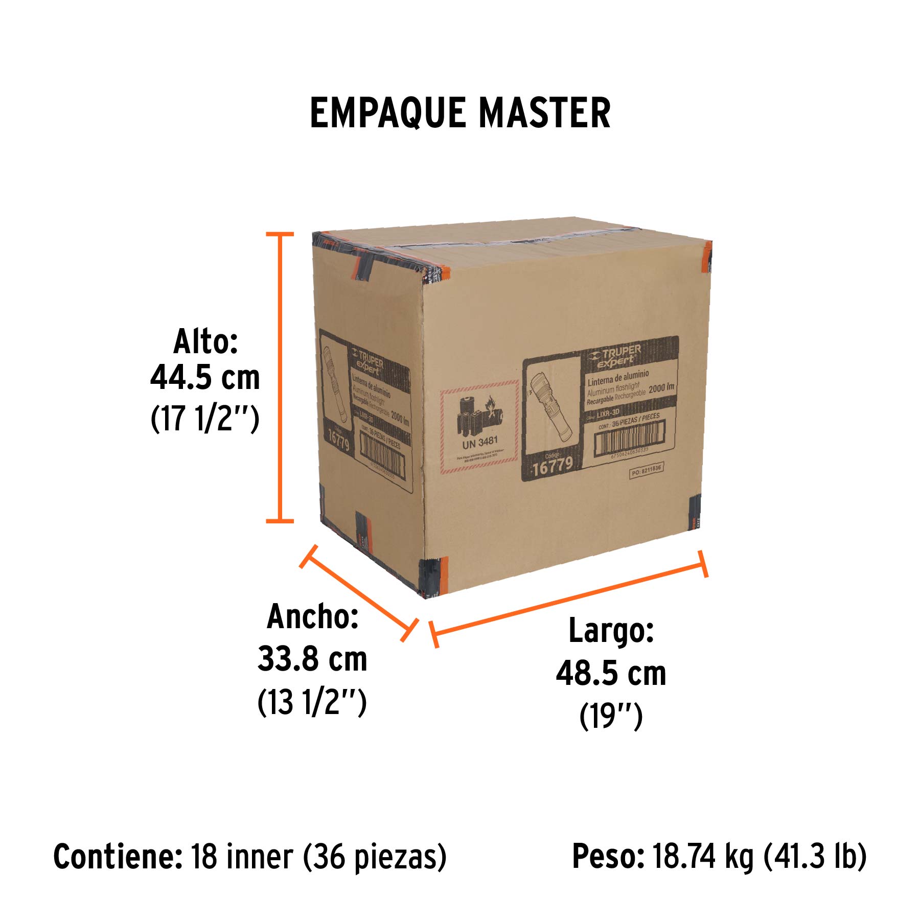 Linterna LED recargable, de aluminio,2,000 lm, TRUPER EXPERT - Empaque